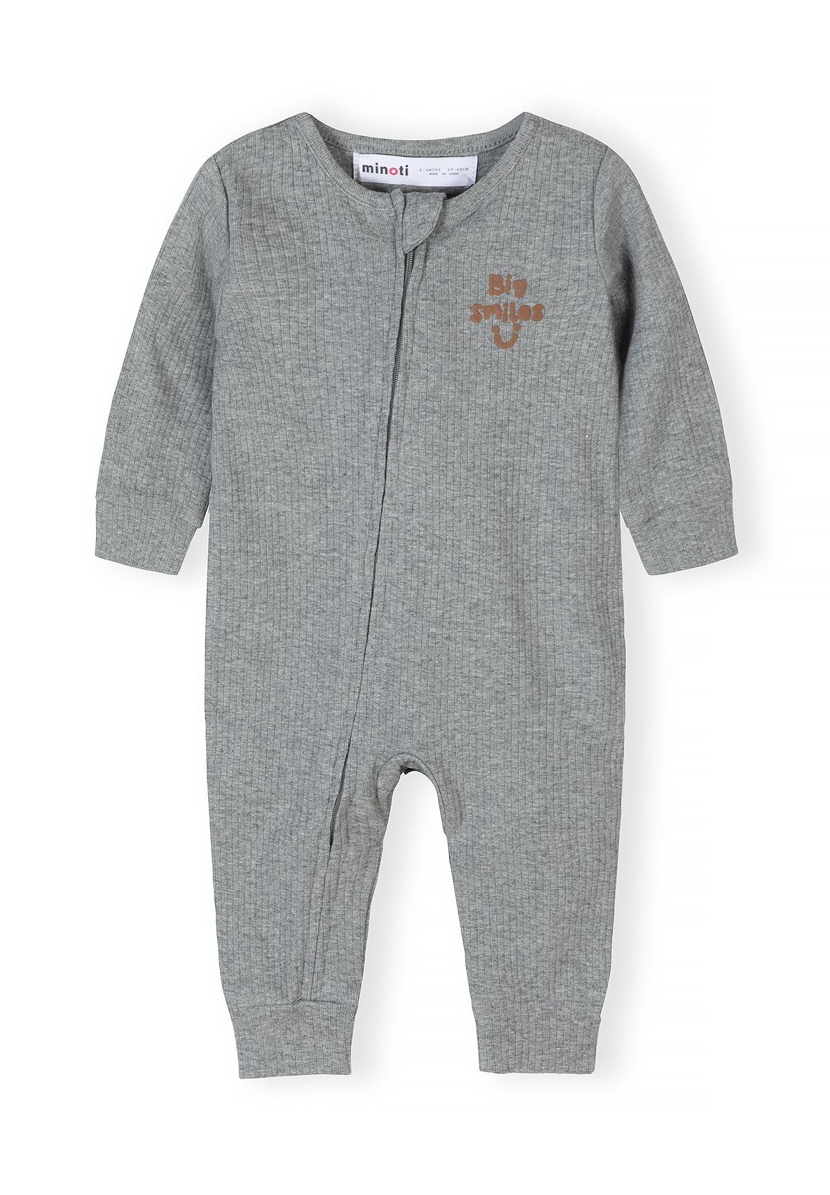 Grey rib-knit romper for baby boys, front view, features long sleeves and press-stud fastenings.