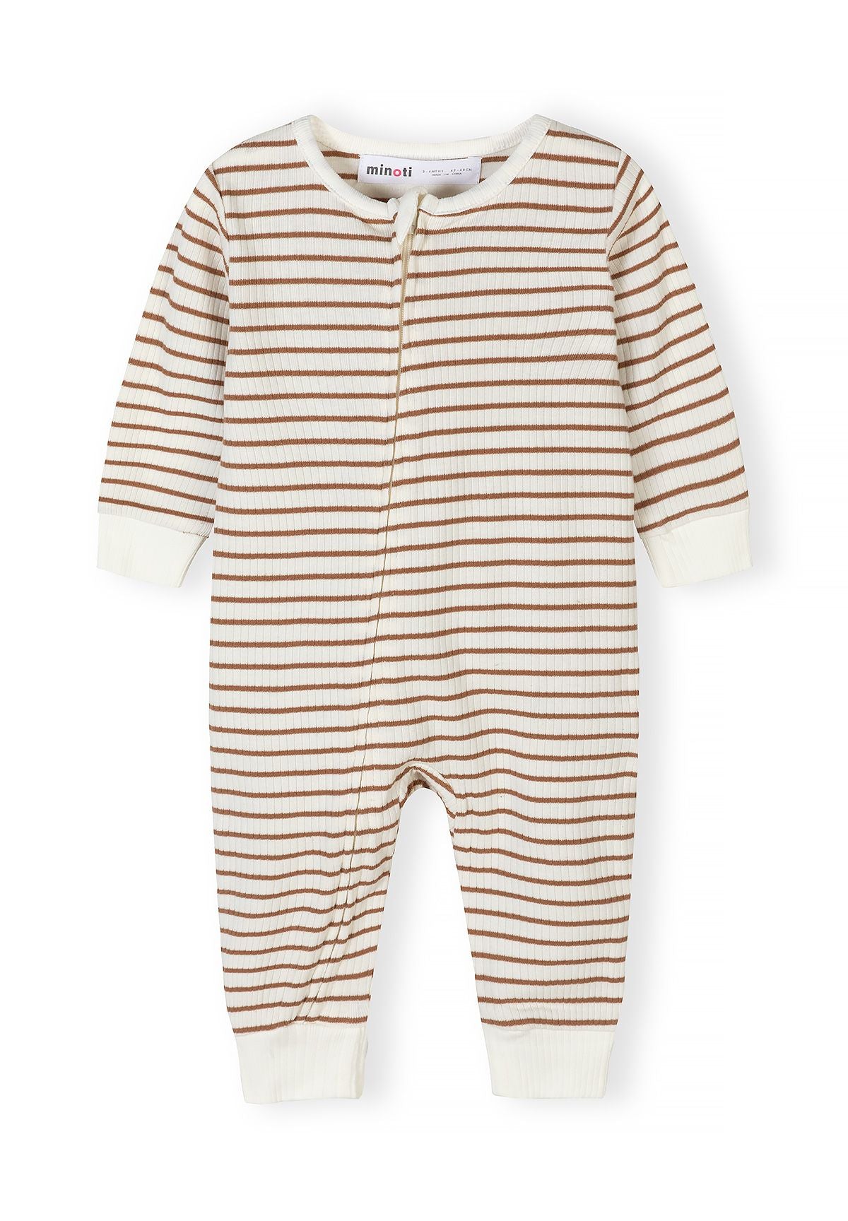 Front view of a rib-knit romper for baby boys, featuring beige and brown stripes.