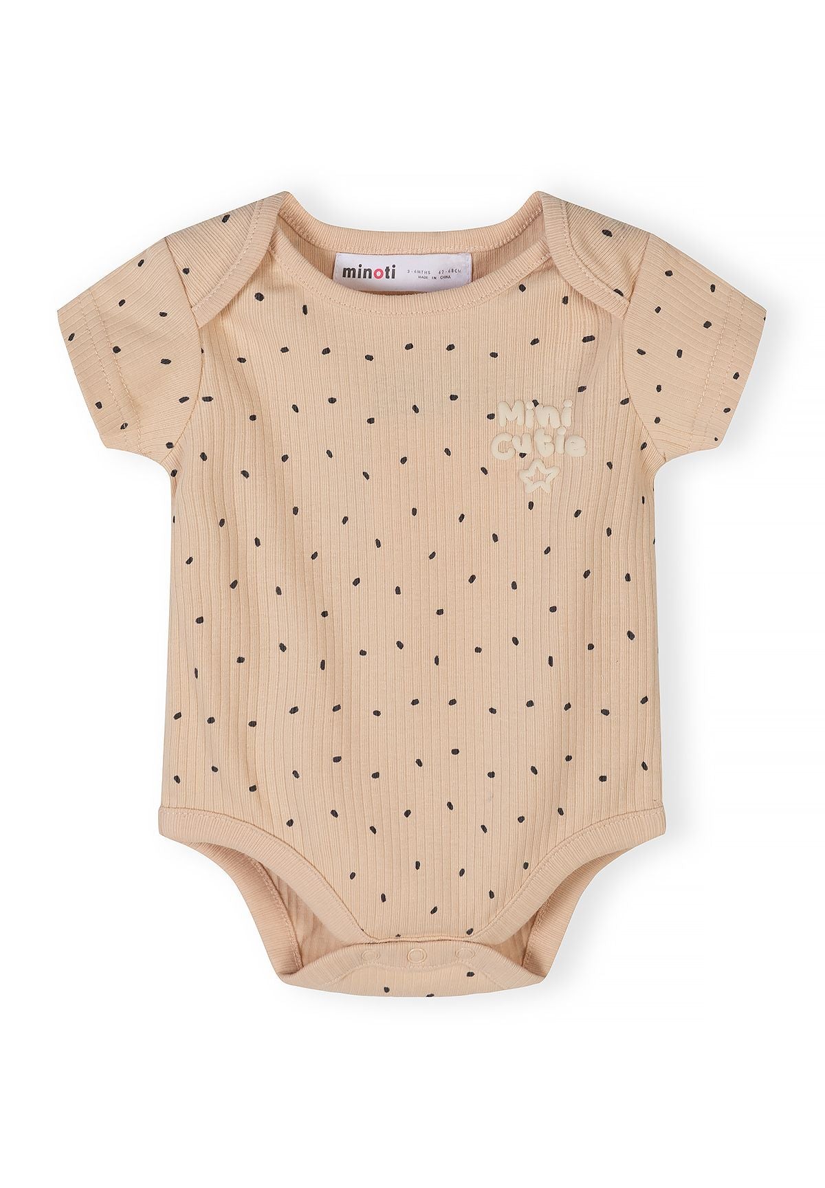 Boys short sleeve bodysuit in beige with black dots, front view, features press-stud fastenings.