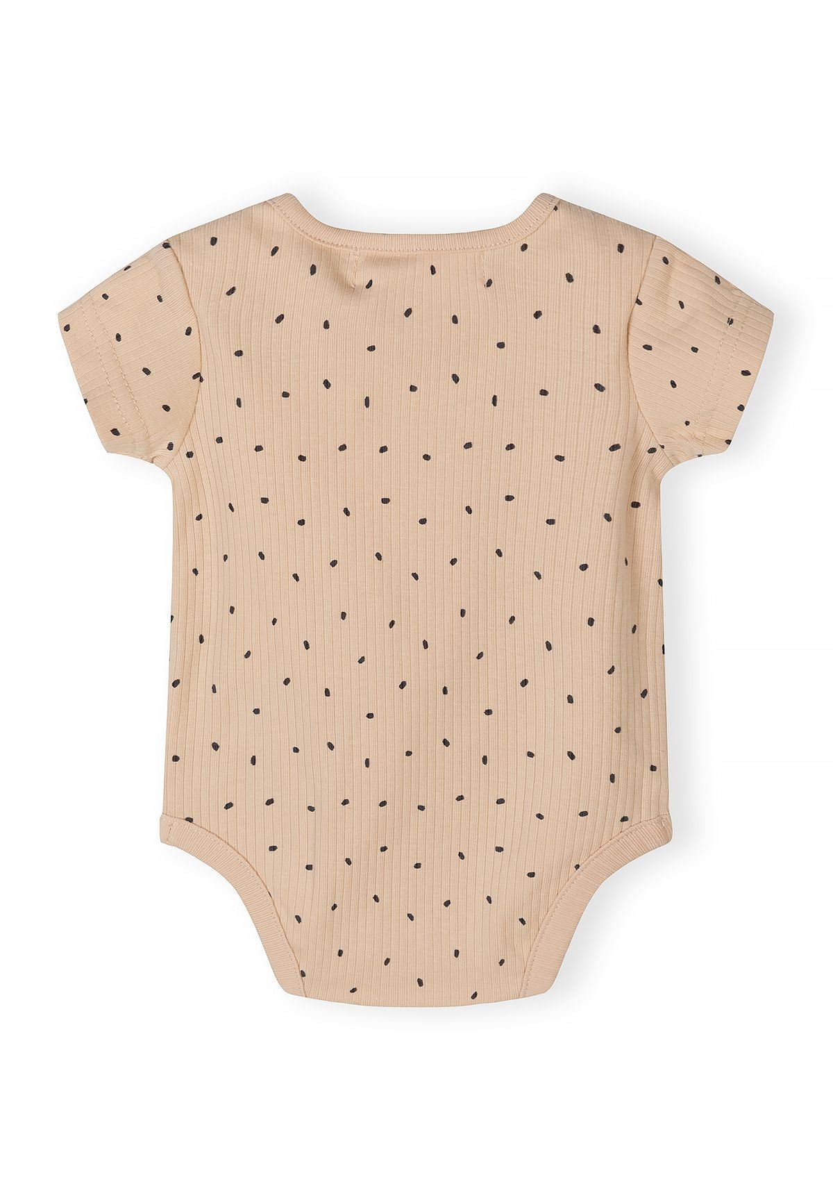 Detail of a beige ribbed bodysuit with short sleeves and black polka dots.