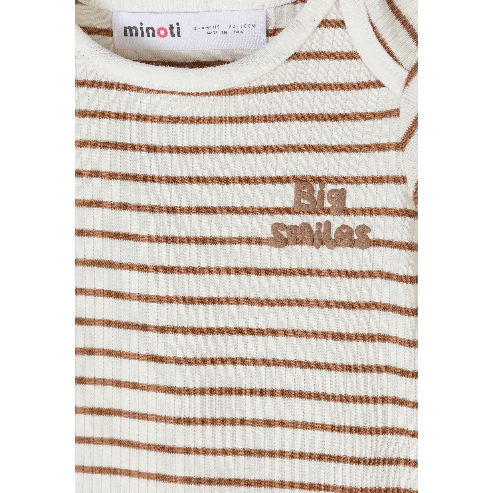 Detail view of cream and brown striped bodysuit showing 'big smiles' embroidered text and Minoti label at collar