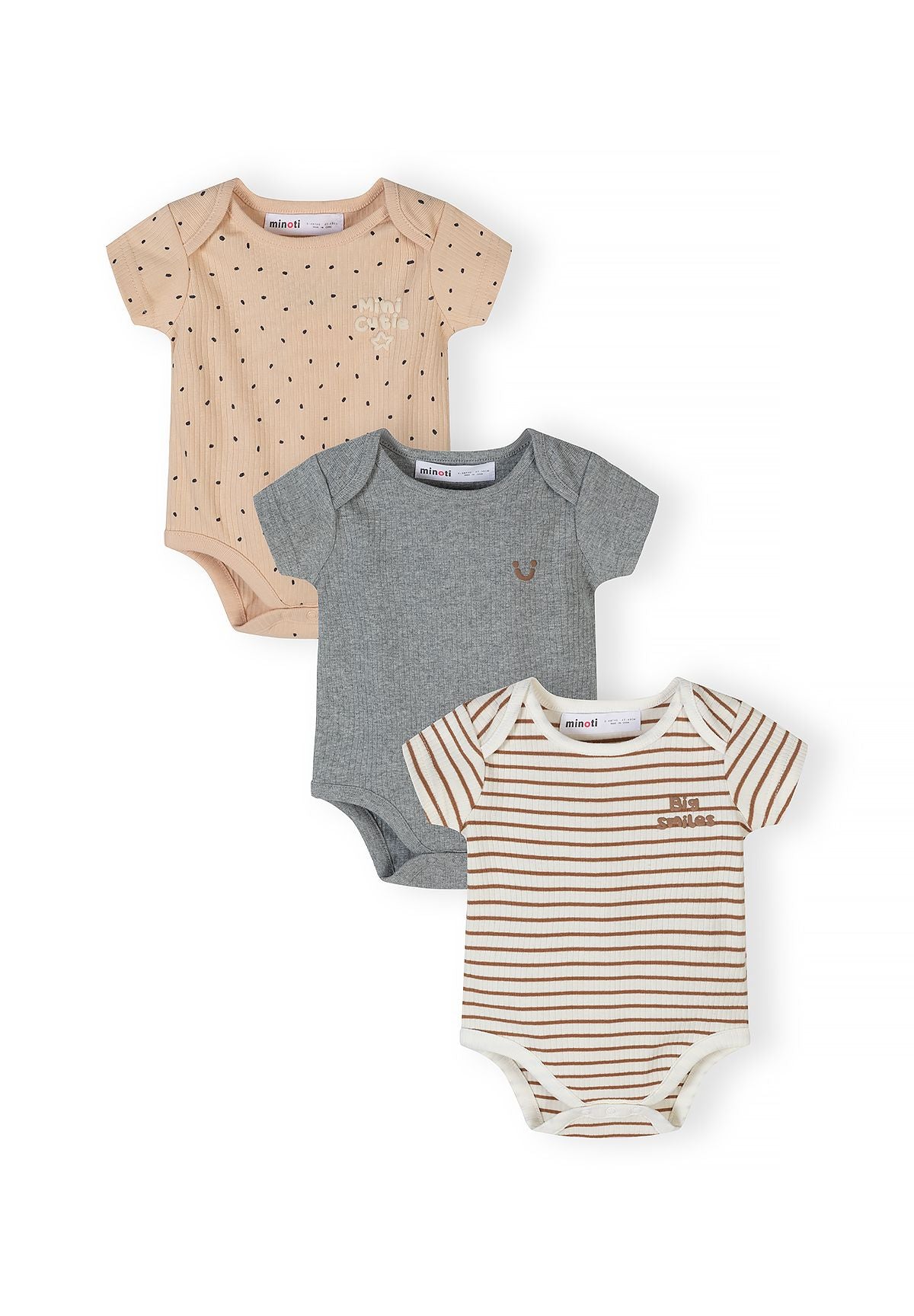 3-pack ribbed short sleeve bodysuits in beige and grey, featuring a striped design and press-stud fastenings.