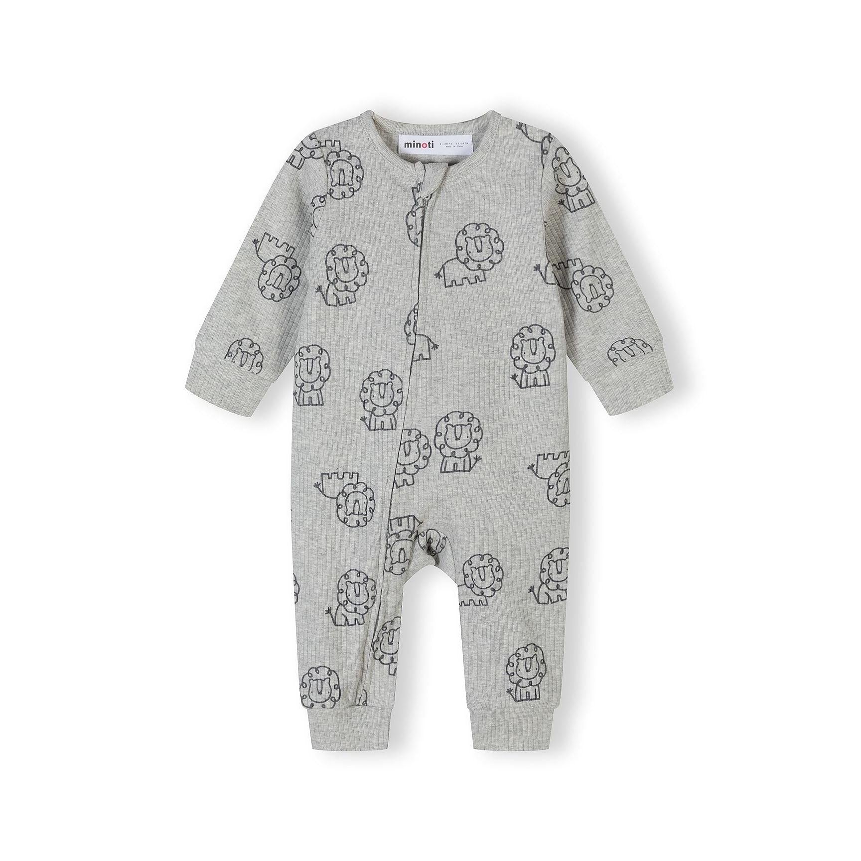 Single grey sleepsuit with black lion print pattern displayed flat on white background, showing Minoti label at neckline