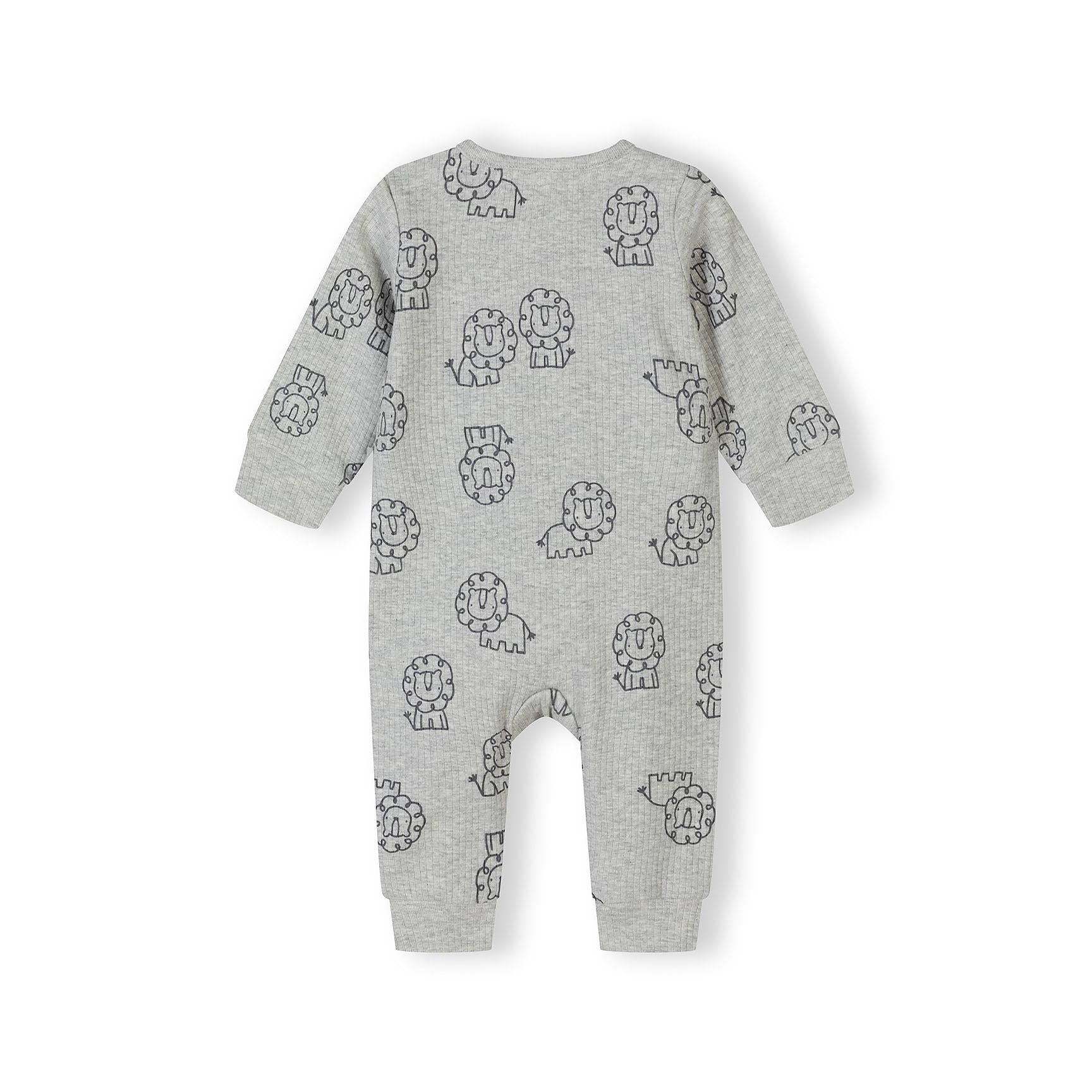 Close-up detail of grey sleepsuit showing lion print pattern, zip closure and ribbed cotton texture with Minoti label visible