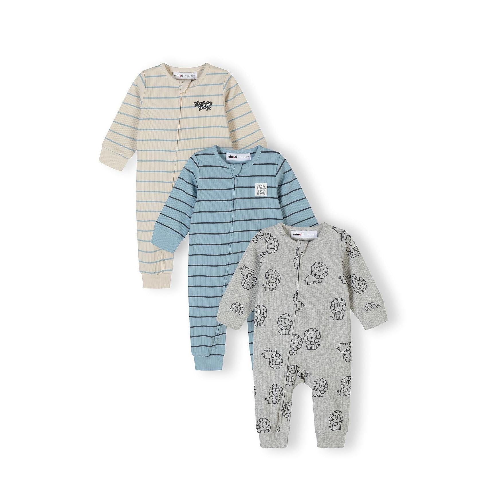 Three baby sleepsuits displayed flat - grey with lion prints, blue with stripes, and beige with stripes, showing full front view with zip closures