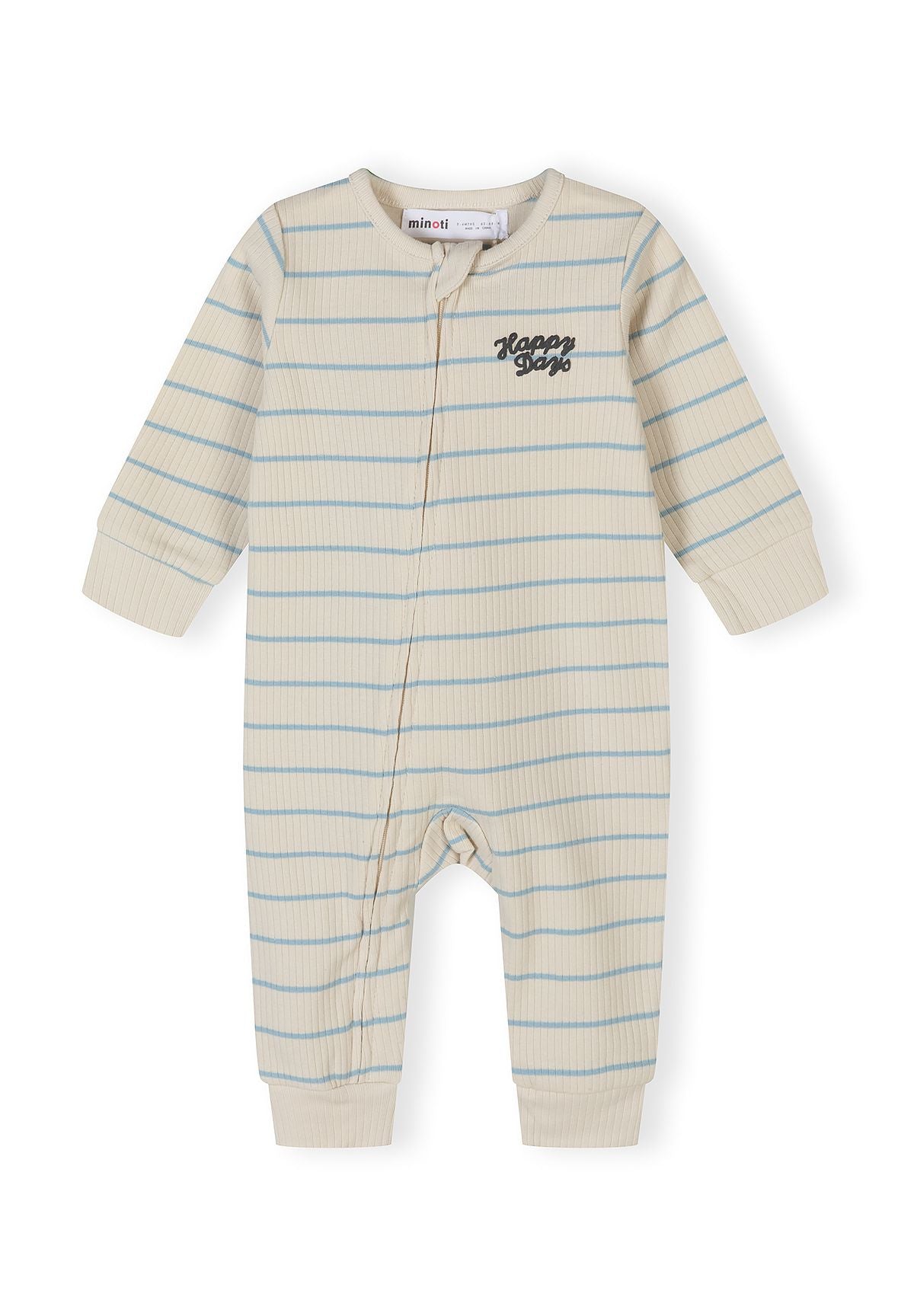 Boys ribbed sleepsuit in cream with blue stripes, front view, featuring a 'Happy Days' logo.