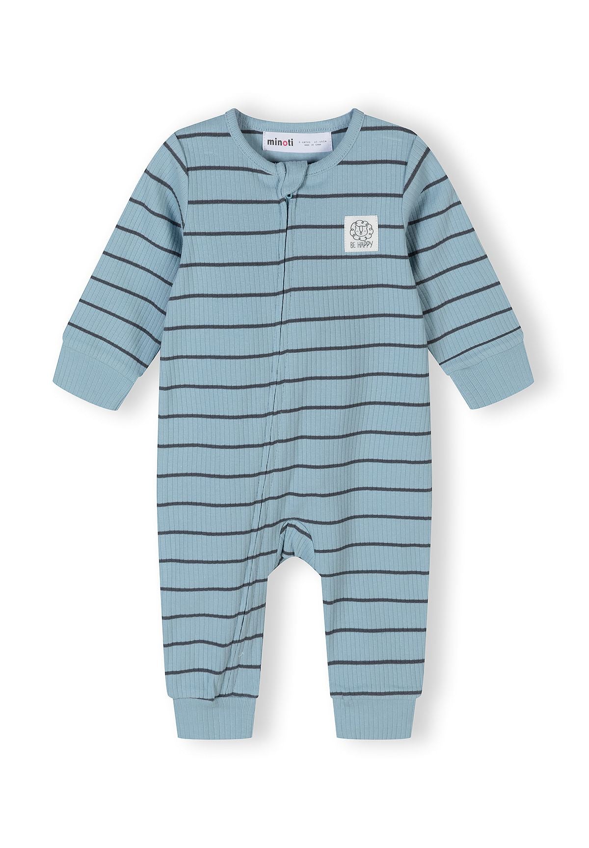 Boys ribbed sleepsuit in blue with stripes, featuring a lion motif and long sleeves.