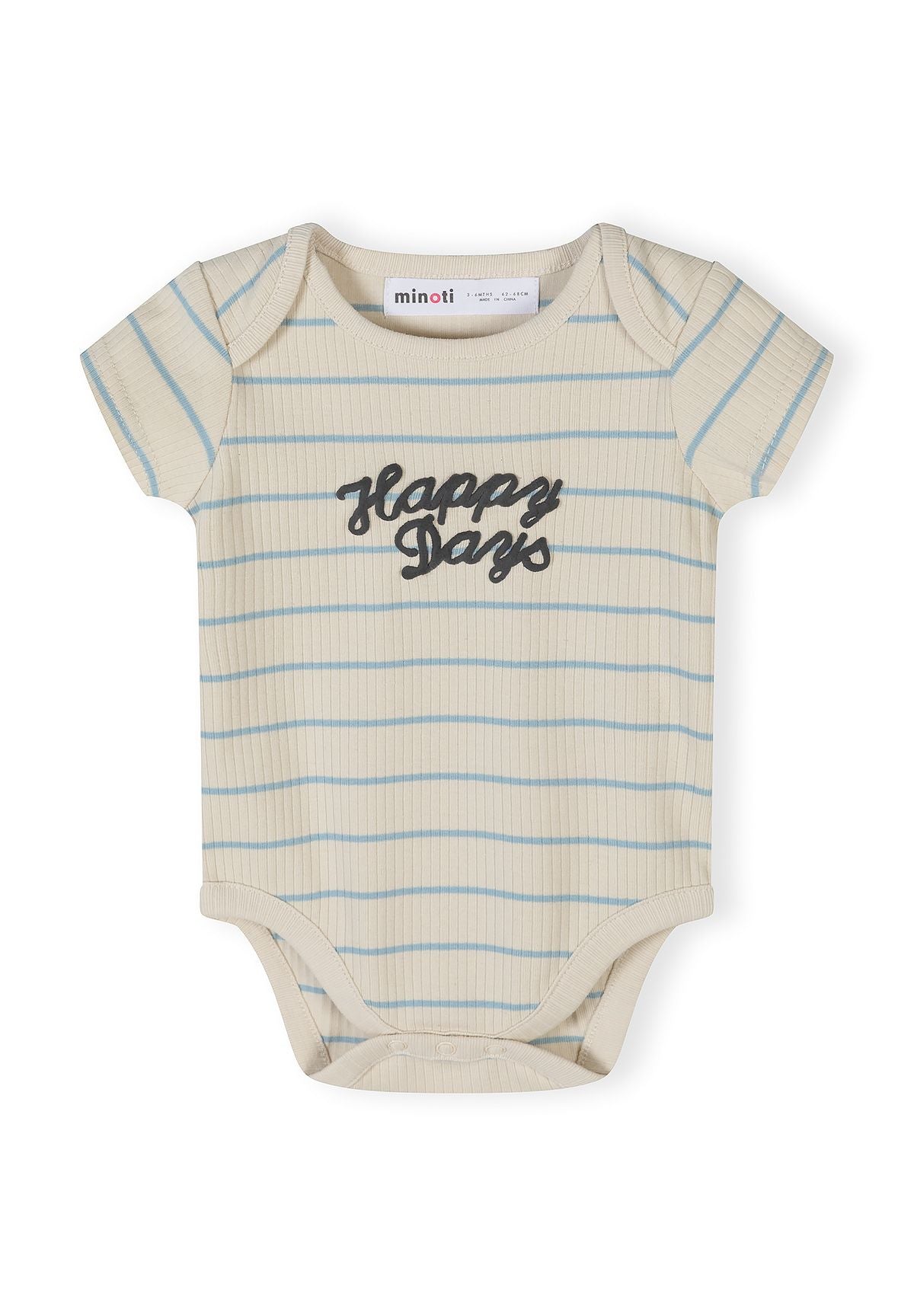 Boys ribbed short sleeve bodysuit, striped design with 'Happy Days' print, close-up view.