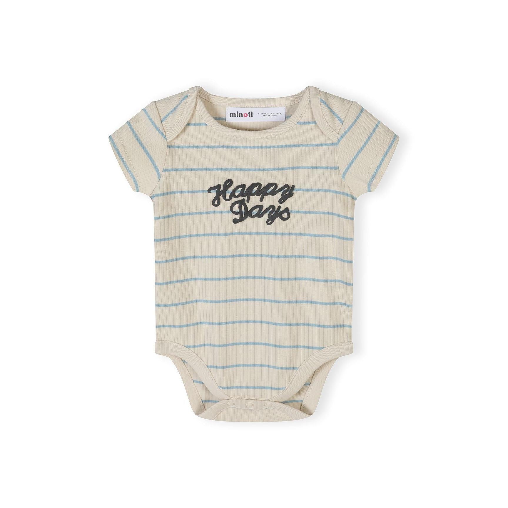 Close-up of cream coloured ribbed bodysuit with blue stripes and Happy Days text in dark script lettering, showing Minoti label
