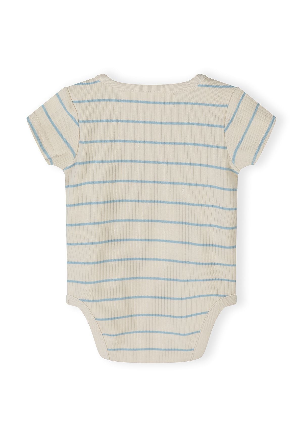 Boys ribbed short sleeve bodysuit, back view with blue stripes.