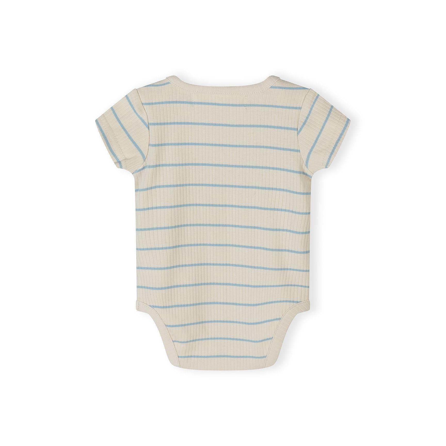 Detail view of Happy Days script lettering in dark grey on cream striped ribbed fabric with Minoti brand label visible at neckline