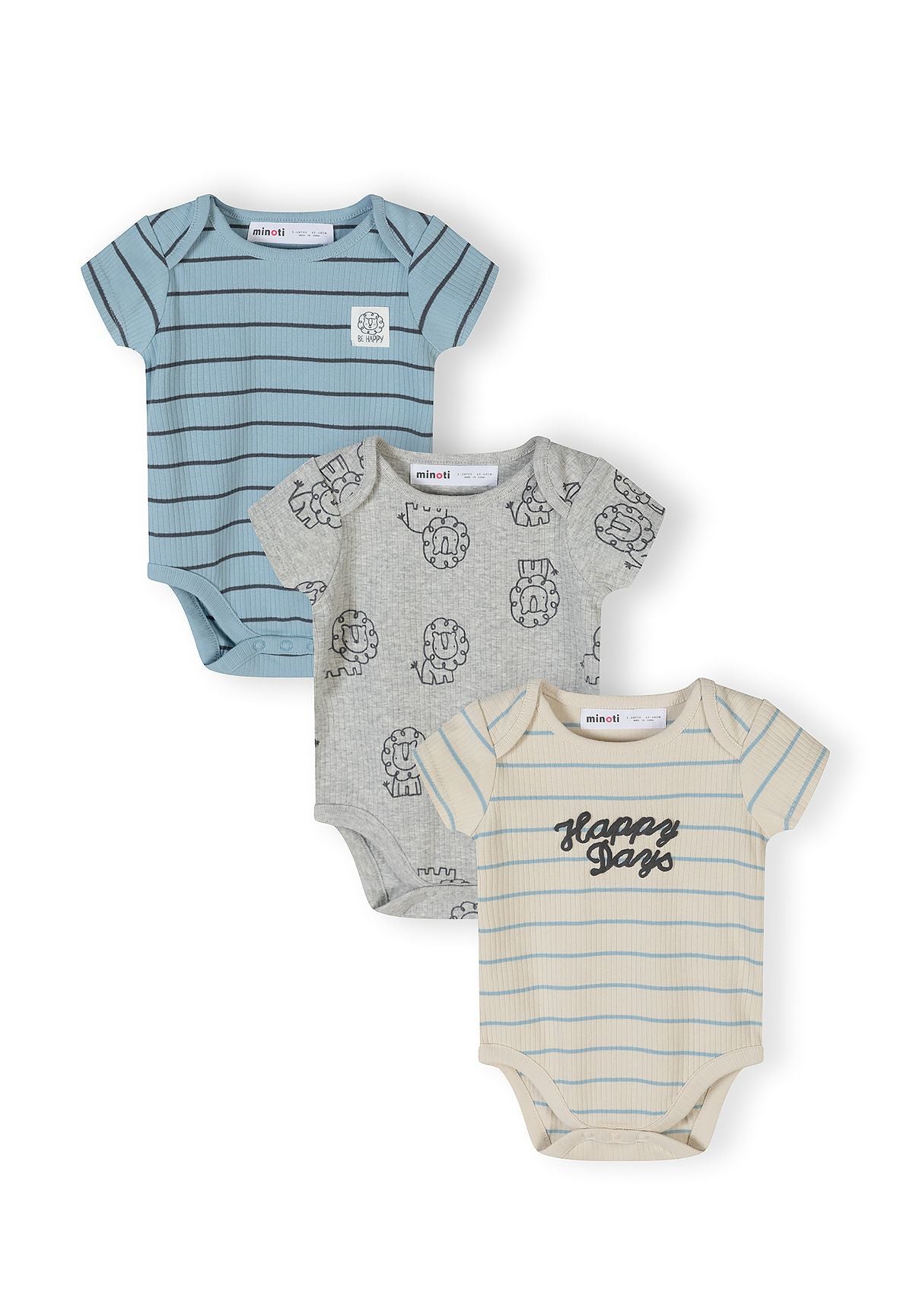 Three boys' ribbed short sleeve bodysuits in blue, grey, and beige with lion prints and stripes.
