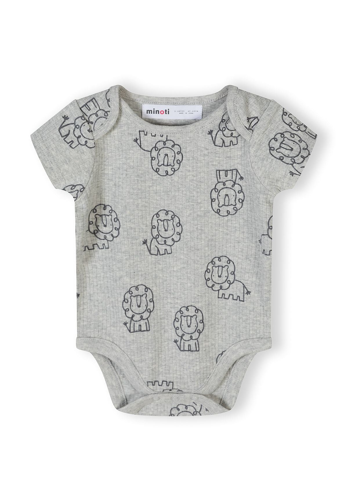 Boys short sleeve bodysuit in gray with lion prints, front view.