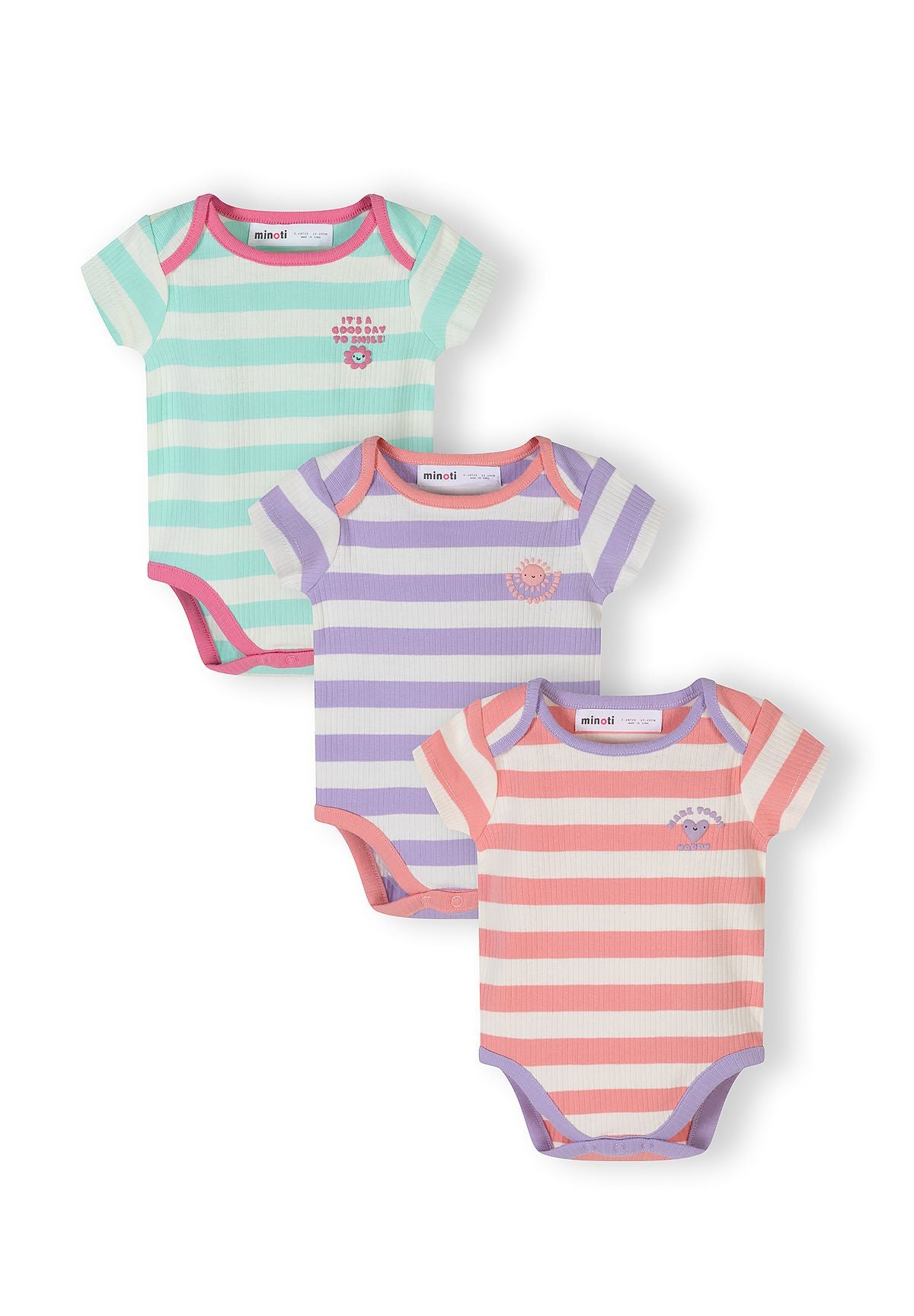 Pack of three girls' short sleeve bodysuits with pastel stripes and round necklines.