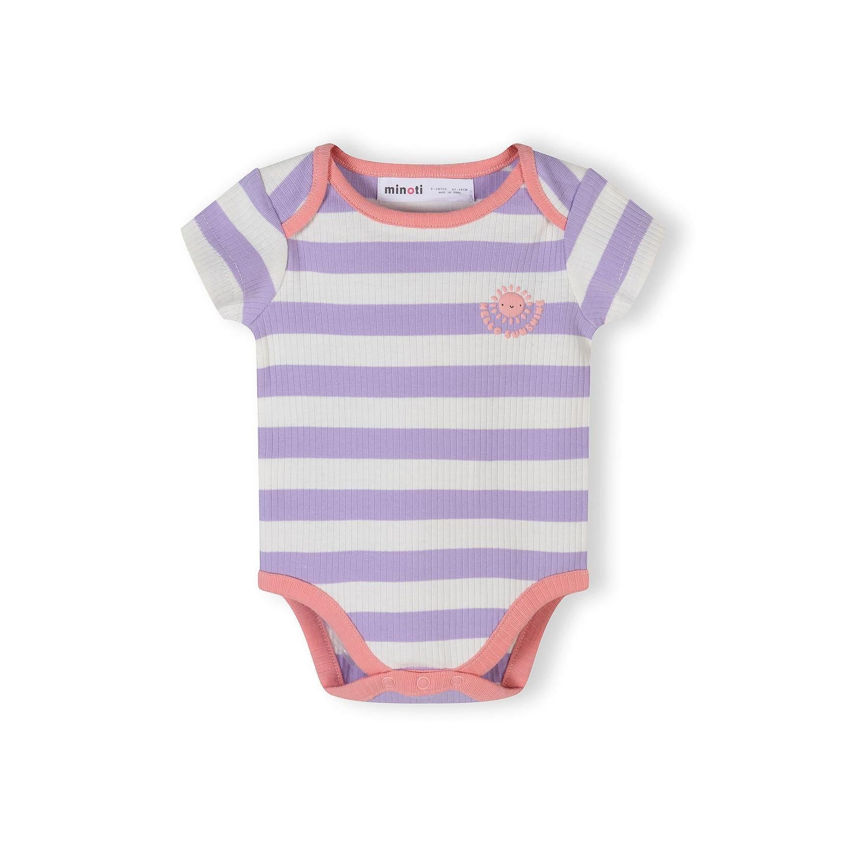 Single coral and white striped baby bodysuit with purple trim, displaying envelope neckline and heart motif with text on chest