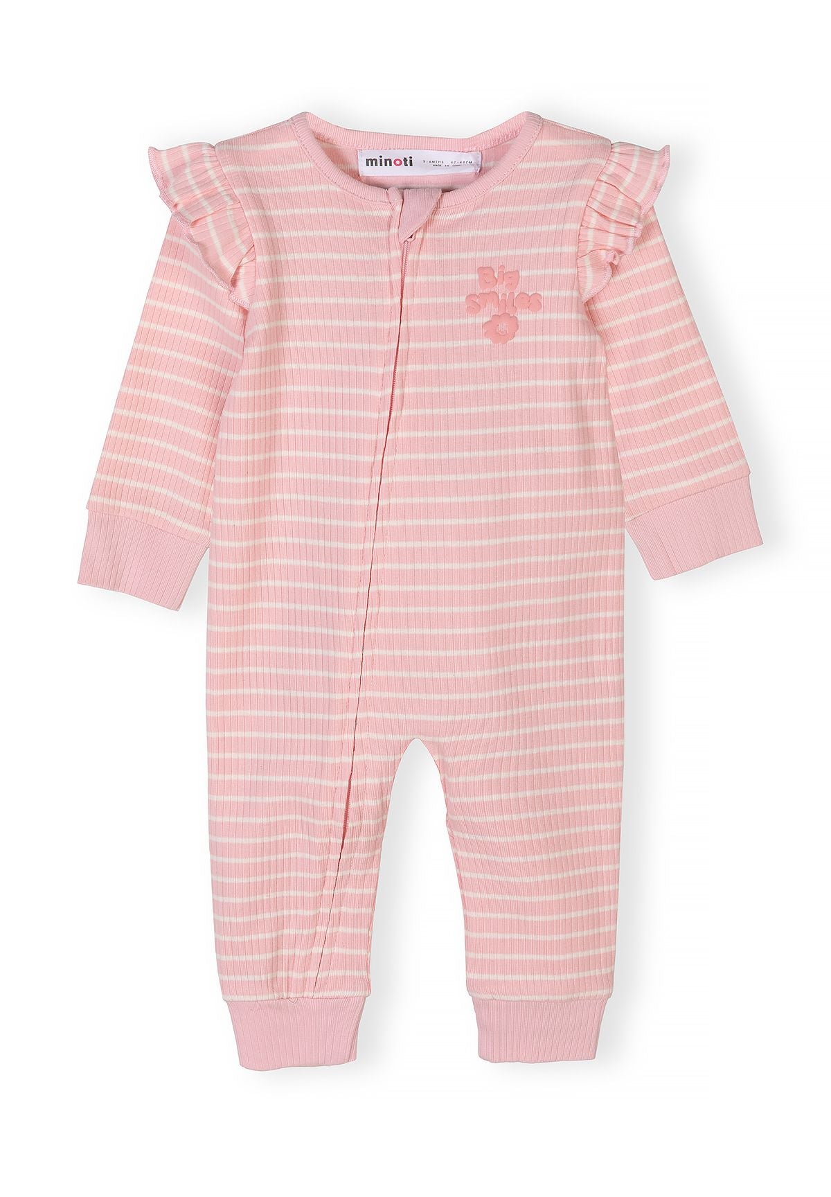 Front view of a pink ribbed romper with short sleeves and ruffle details.