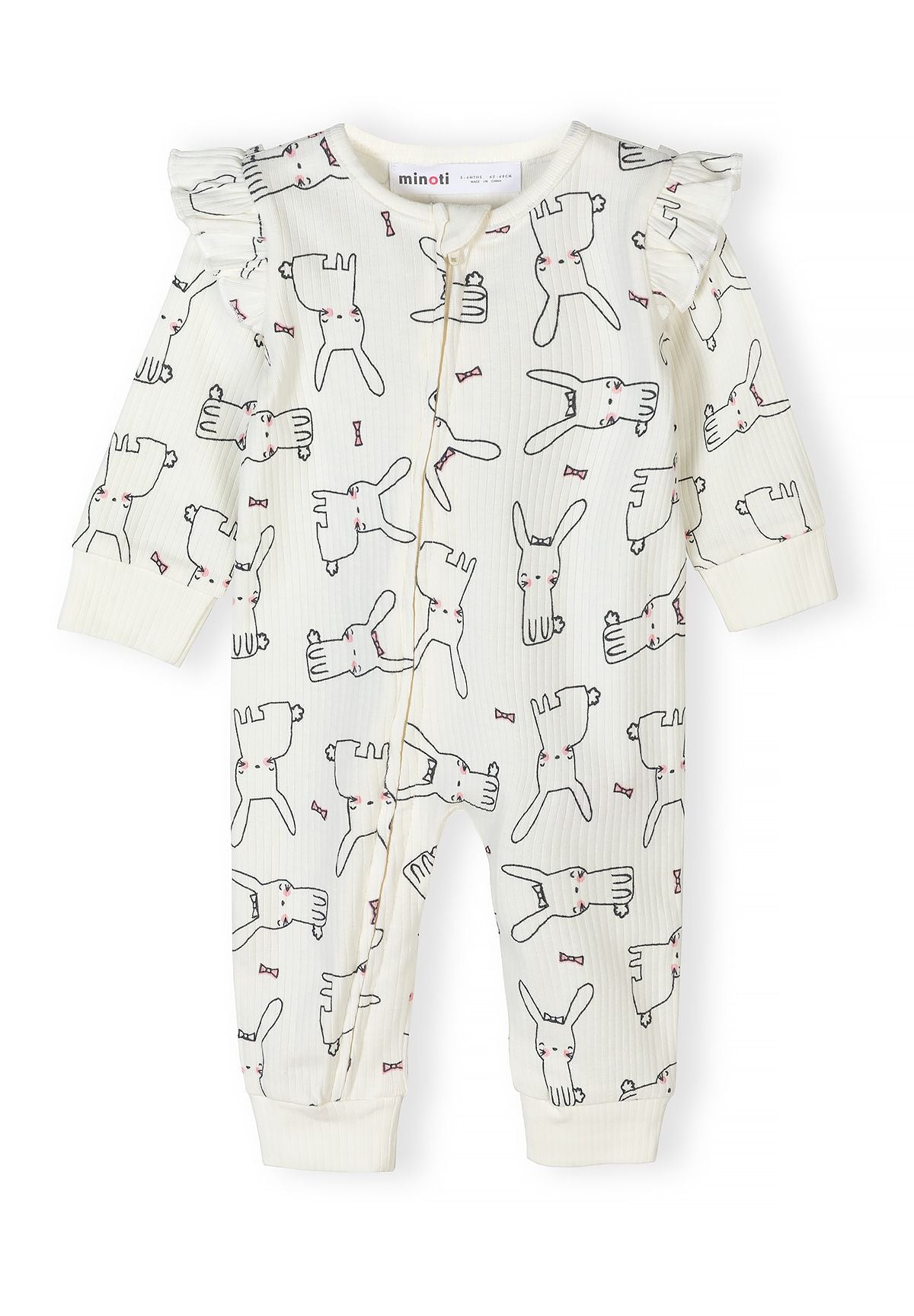 Detail of a pink bunny print ribbed romper for infants with short sleeves and snap fastenings.