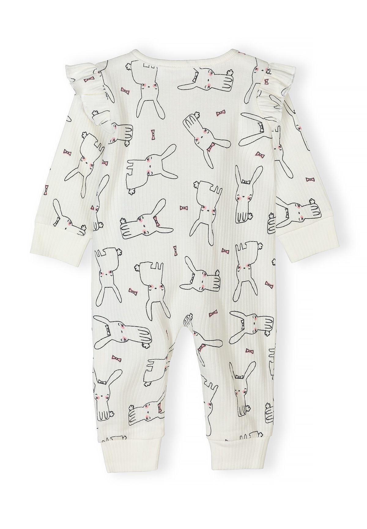 Back view of a pink ribbed romper with bunny print and ruffle detail.