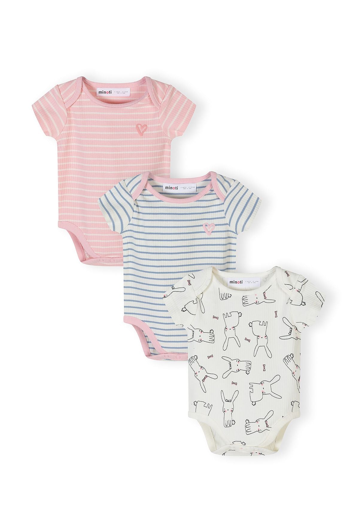 Set of three short sleeve rib knit bodysuits for infants, featuring pink and blue stripes and a rabbit print.
