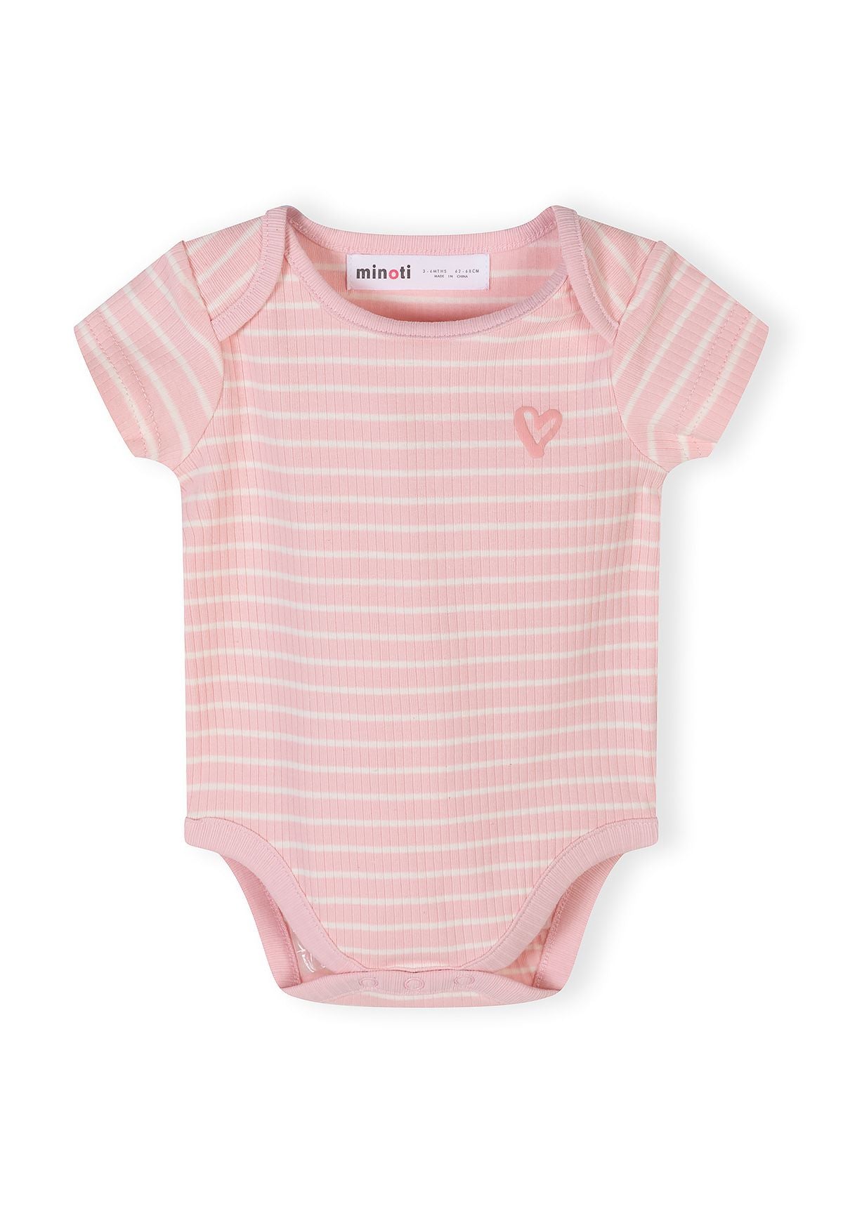 Pink rib knit short sleeve bodysuit for infants with heart graphic and press studs.