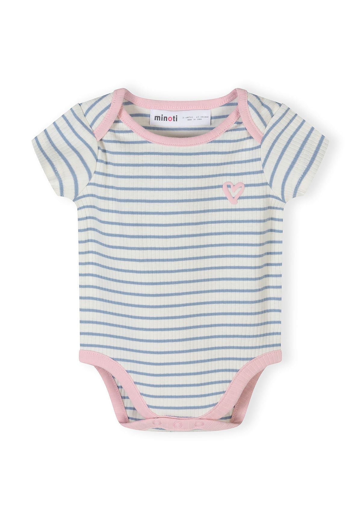 Girls short sleeve rib knit bodysuit with blue and white stripes and pink trim, front view.