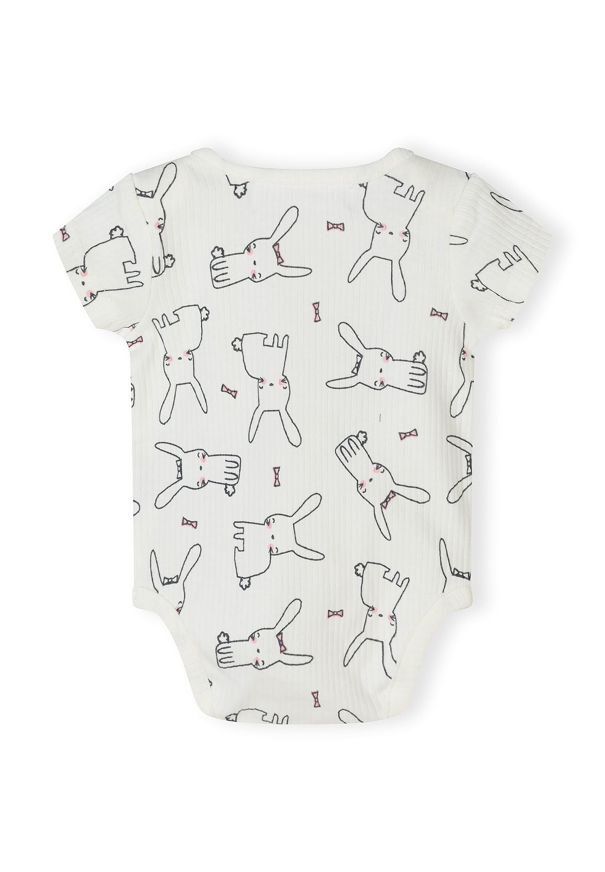 Back view of a short sleeve white bodysuit with rabbit print for infants.