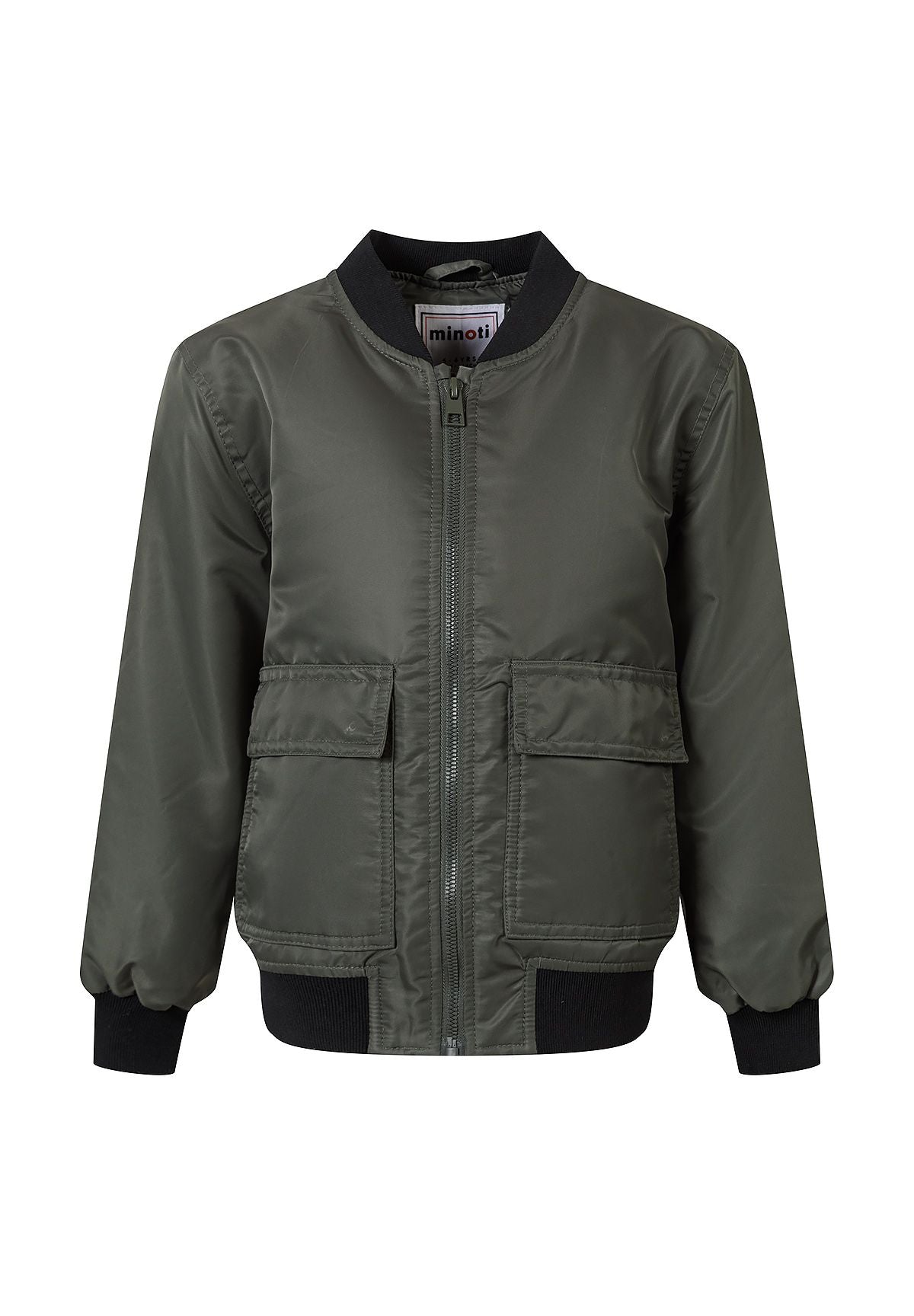 Front of a khaki bomber jacket.