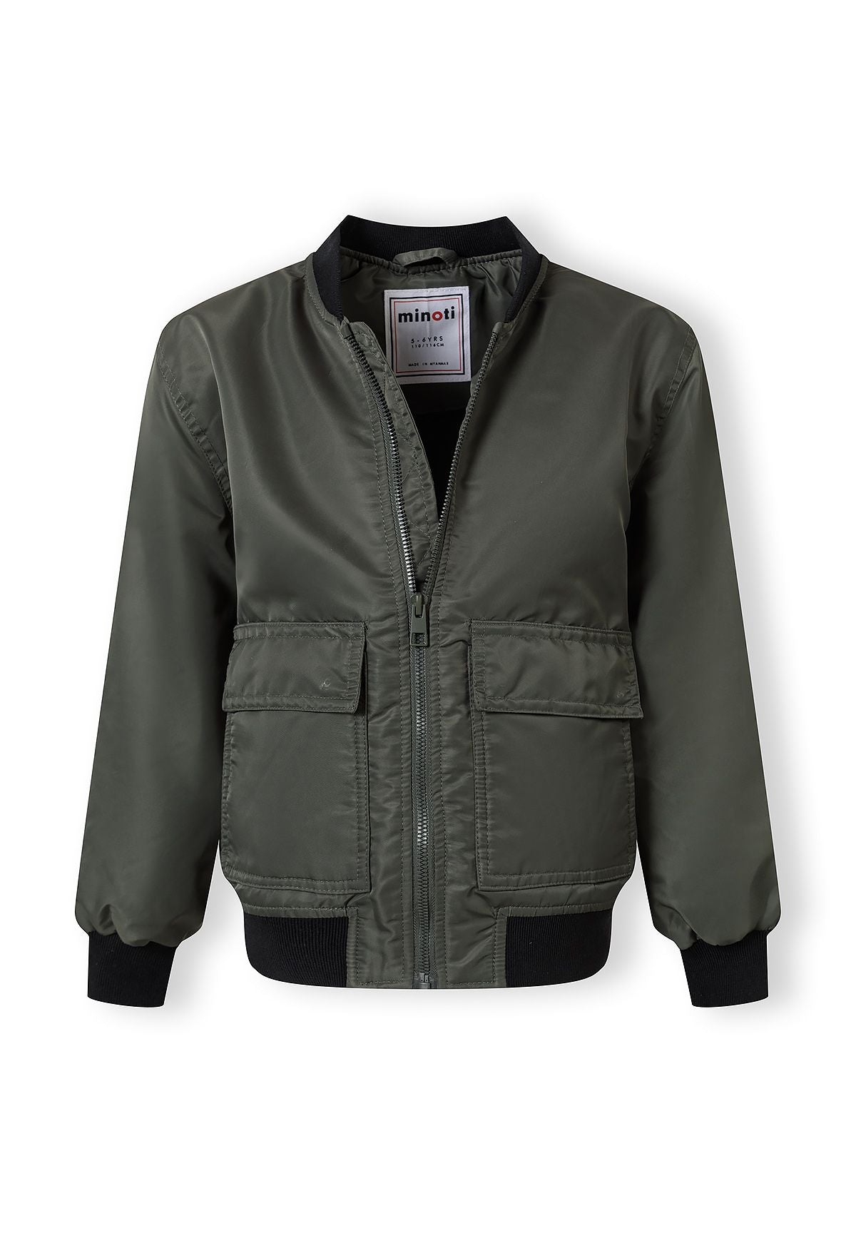 Boys khaki bomber jacket, front view, features full zip and two front pockets.