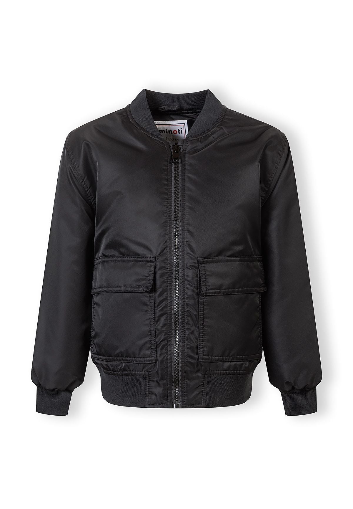 Boys black bomber jacket, front view, features utility pockets and ribbed cuffs.