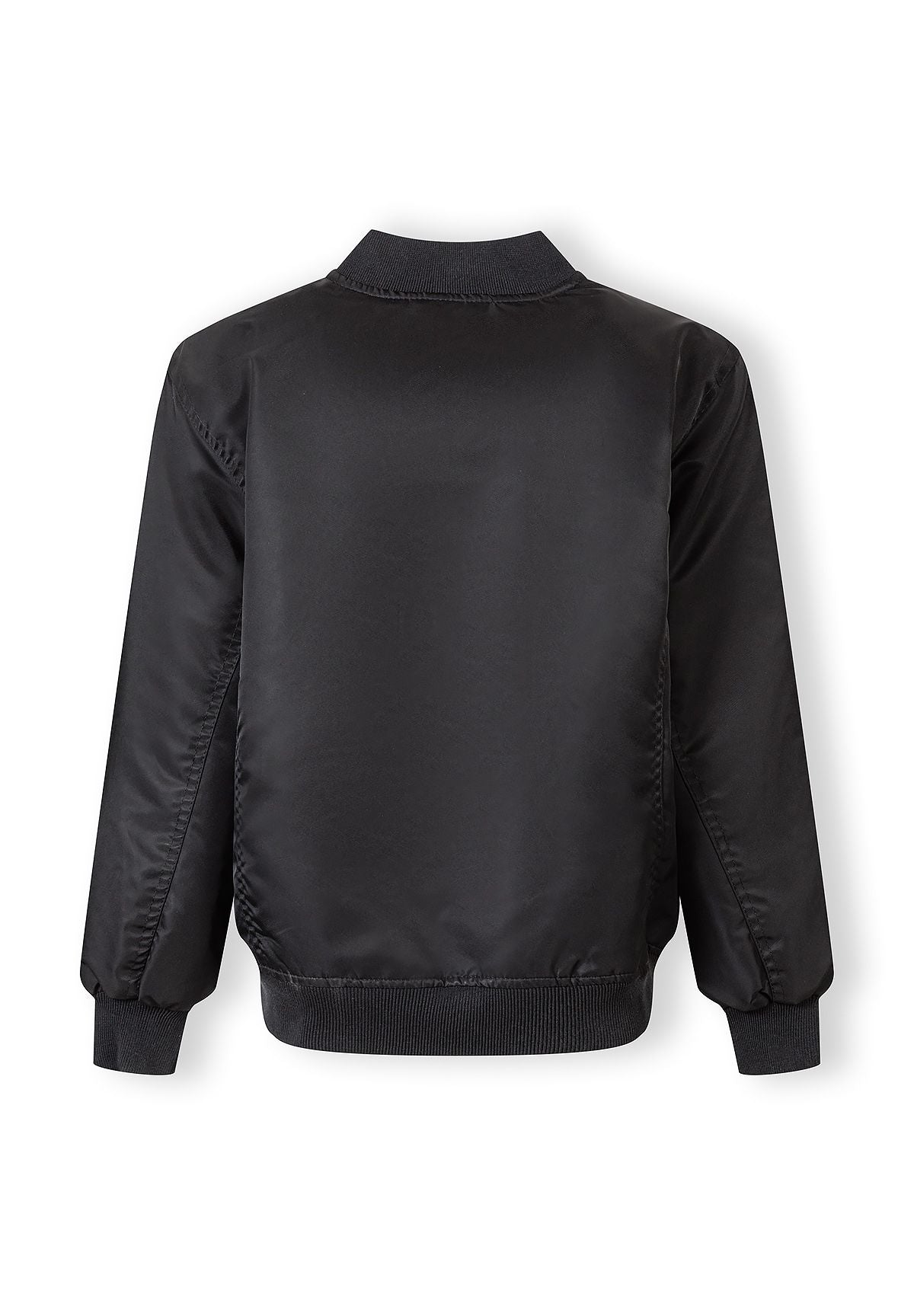 Boys black nylon bomber jacket, back view, features ribbed cuffs and hem.