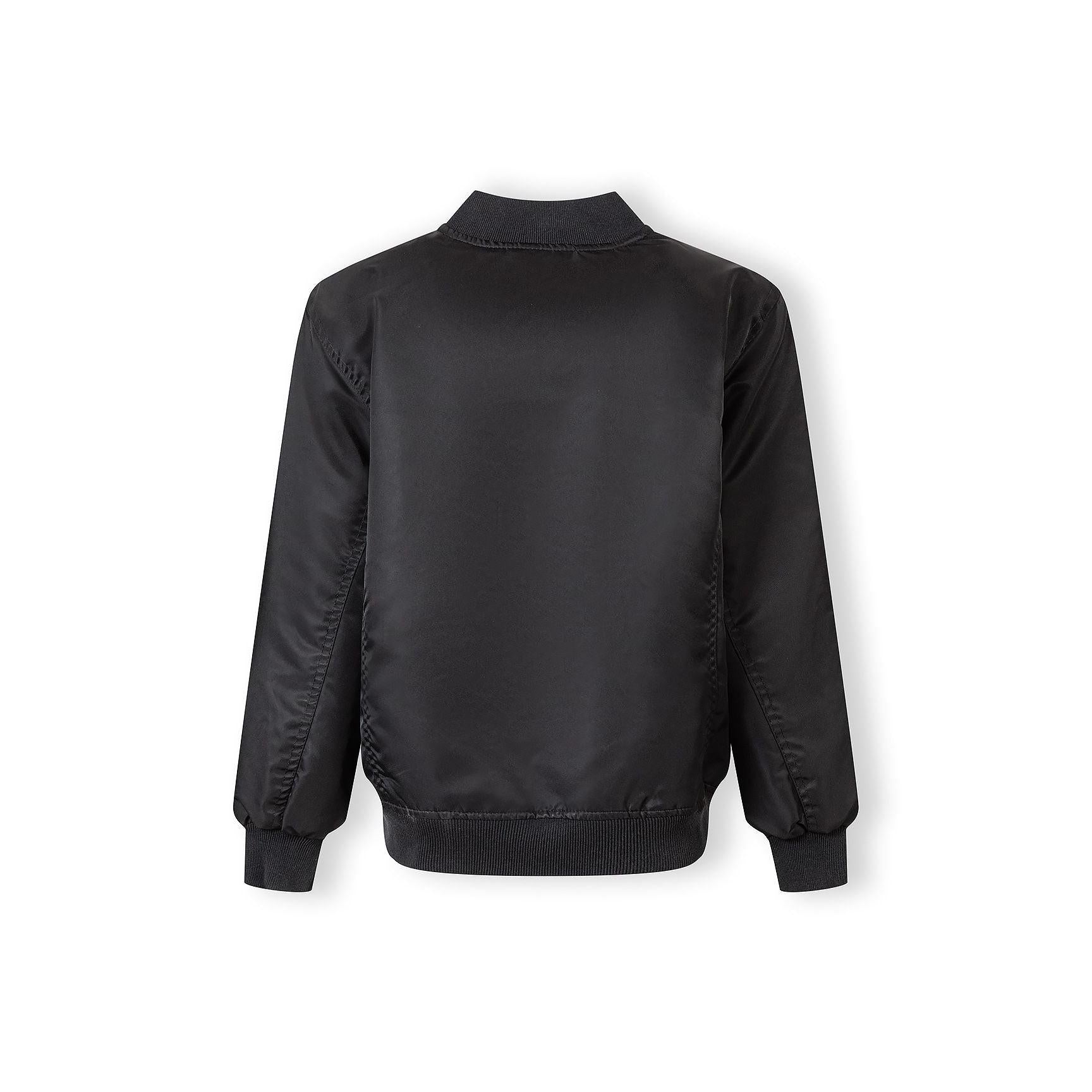 Back view of black bomber jacket showing ribbed collar, cuffs and hem on white background