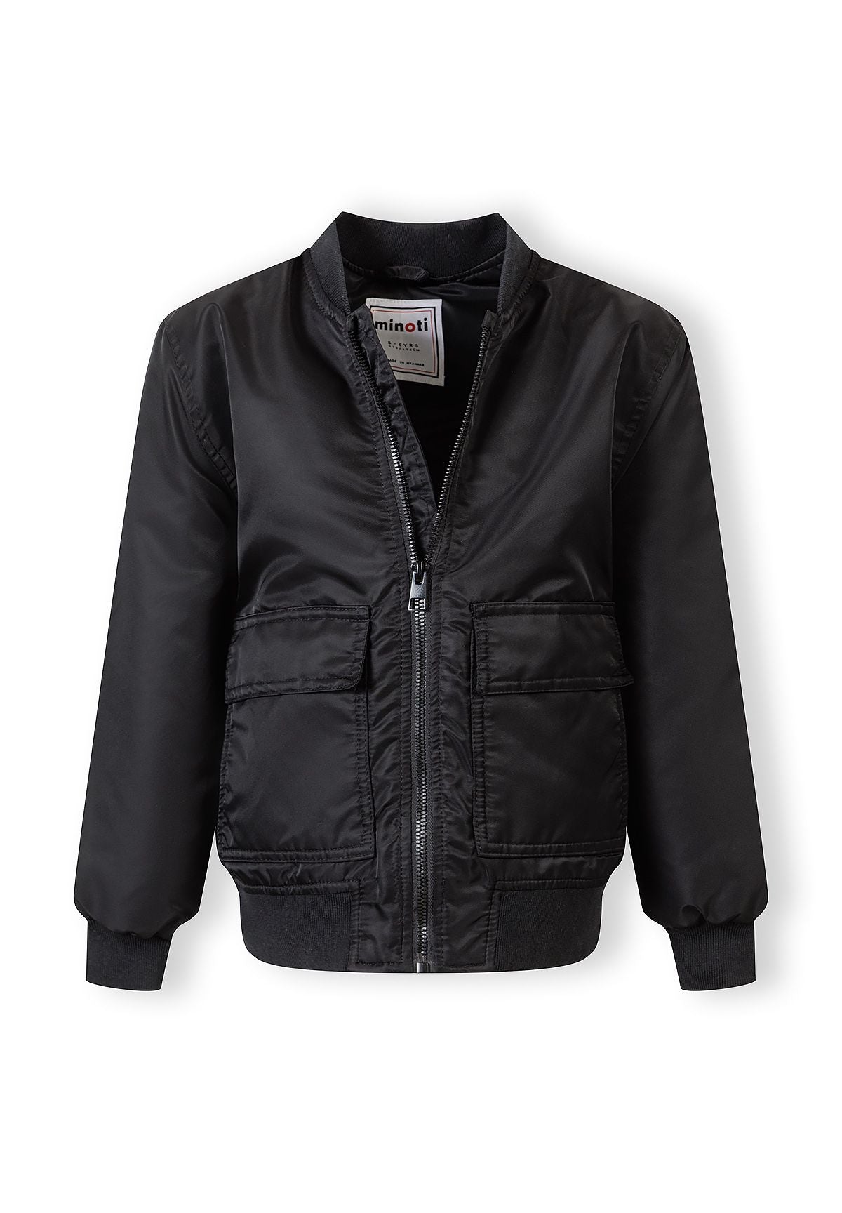 Boys black nylon bomber jacket, front view, featuring utility pockets and full-length zip.
