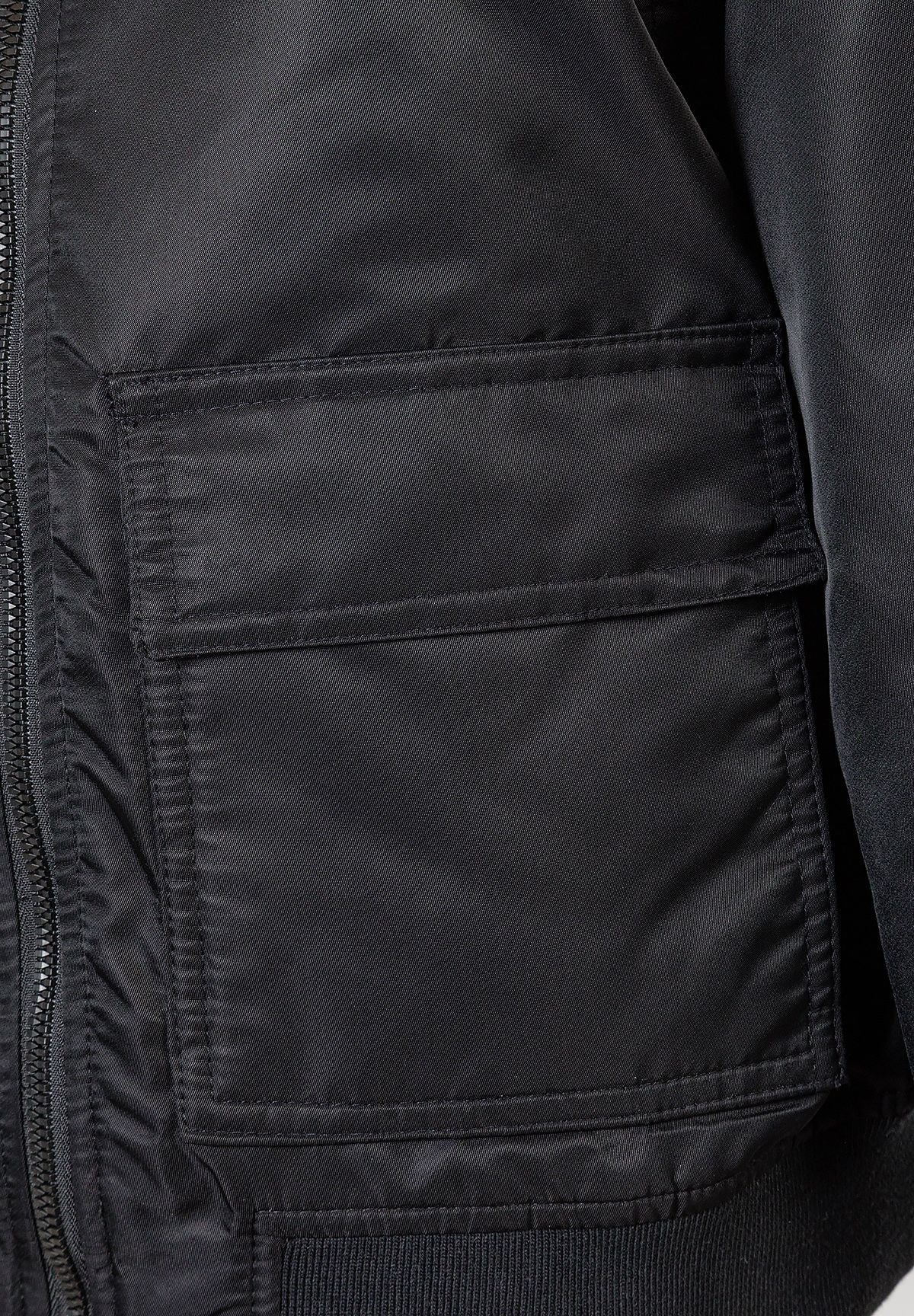 Close-up of rectangular flap pocket on black bomber jacket.