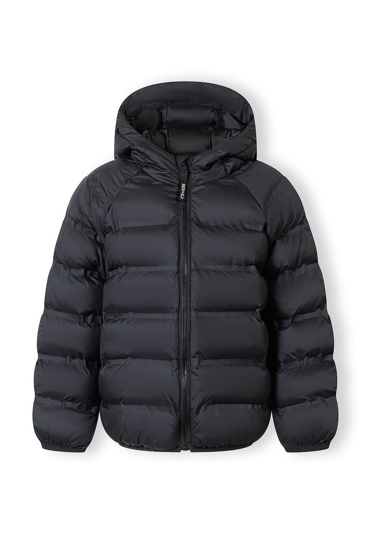 Boys lightweight black hooded jacket, front view, features dual pockets and padded design.