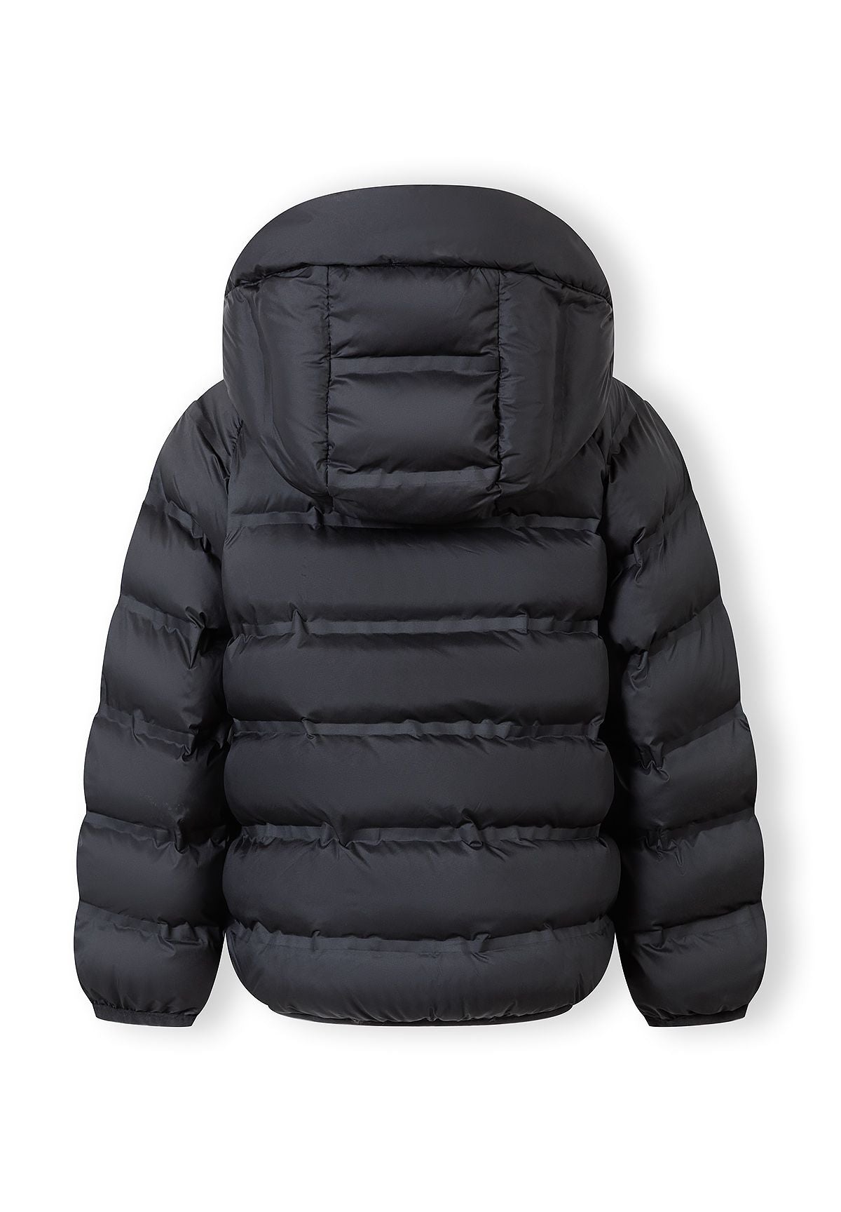 Boys lightweight black hooded jacket, back view with puffy design.