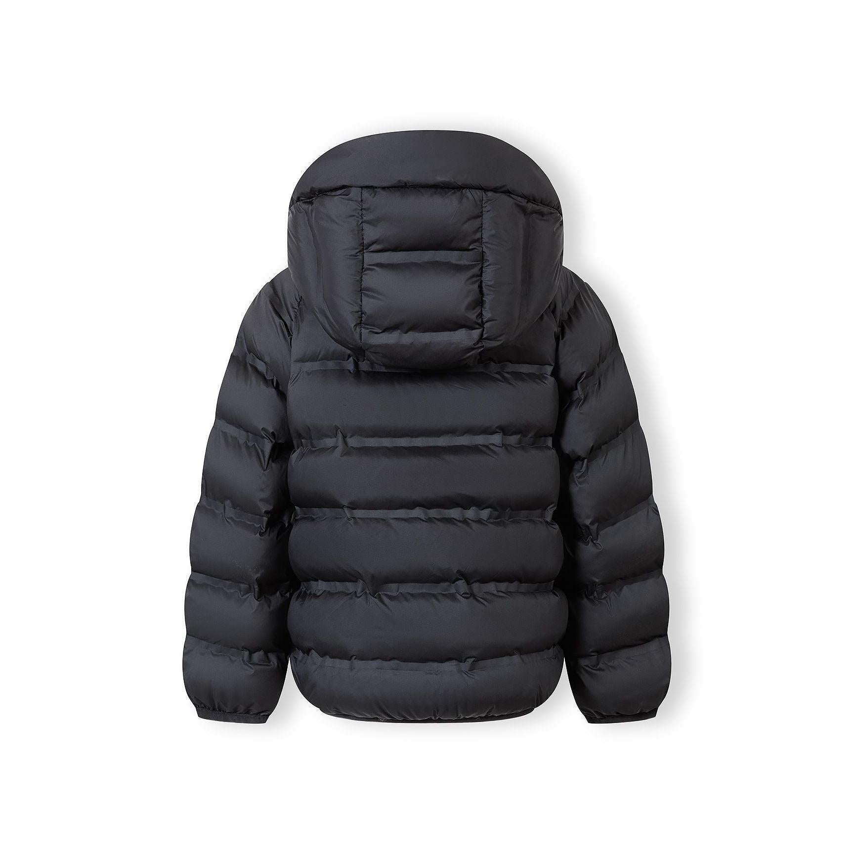 Black lightweight padded jacket laid flat showing back view with hood up, displaying quilted pattern and overall construction on white background