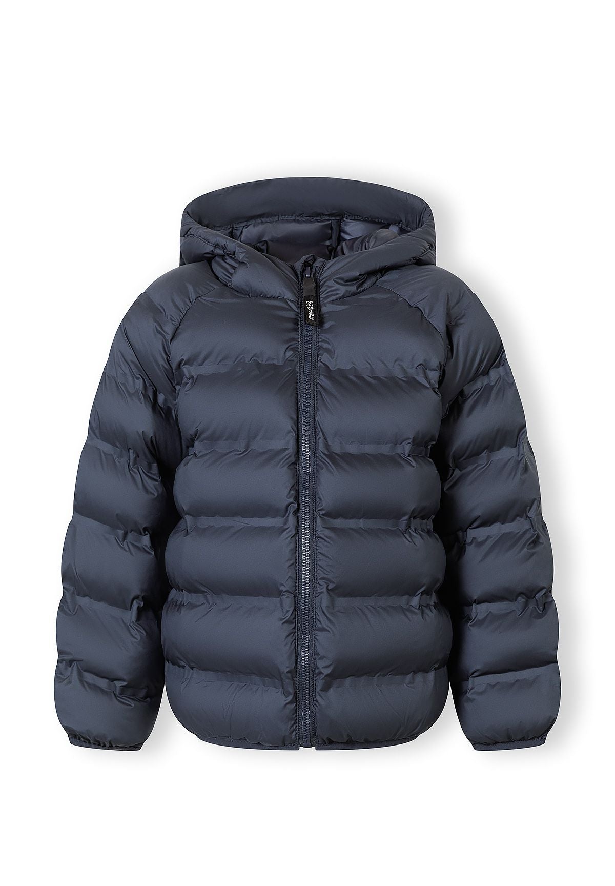 Boys navy blue lightweight hooded jacket, front view, features a full-length zip and two side pockets.