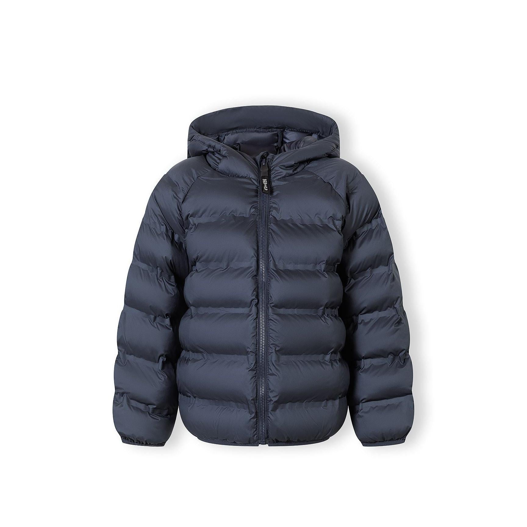 Navy blue quilted jacket laid flat showing full zip closure and hood detail on white background