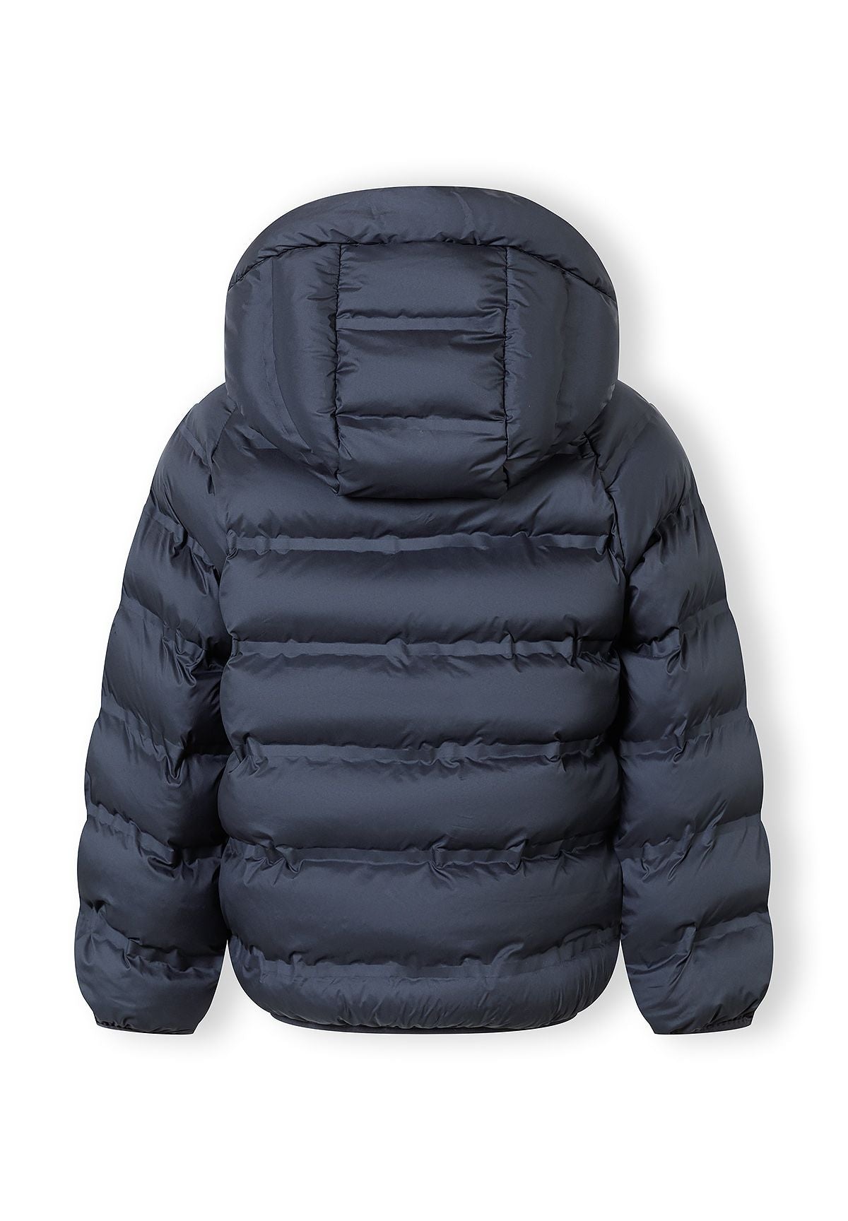 Boys navy blue lightweight hooded jacket, back view with quilted design.