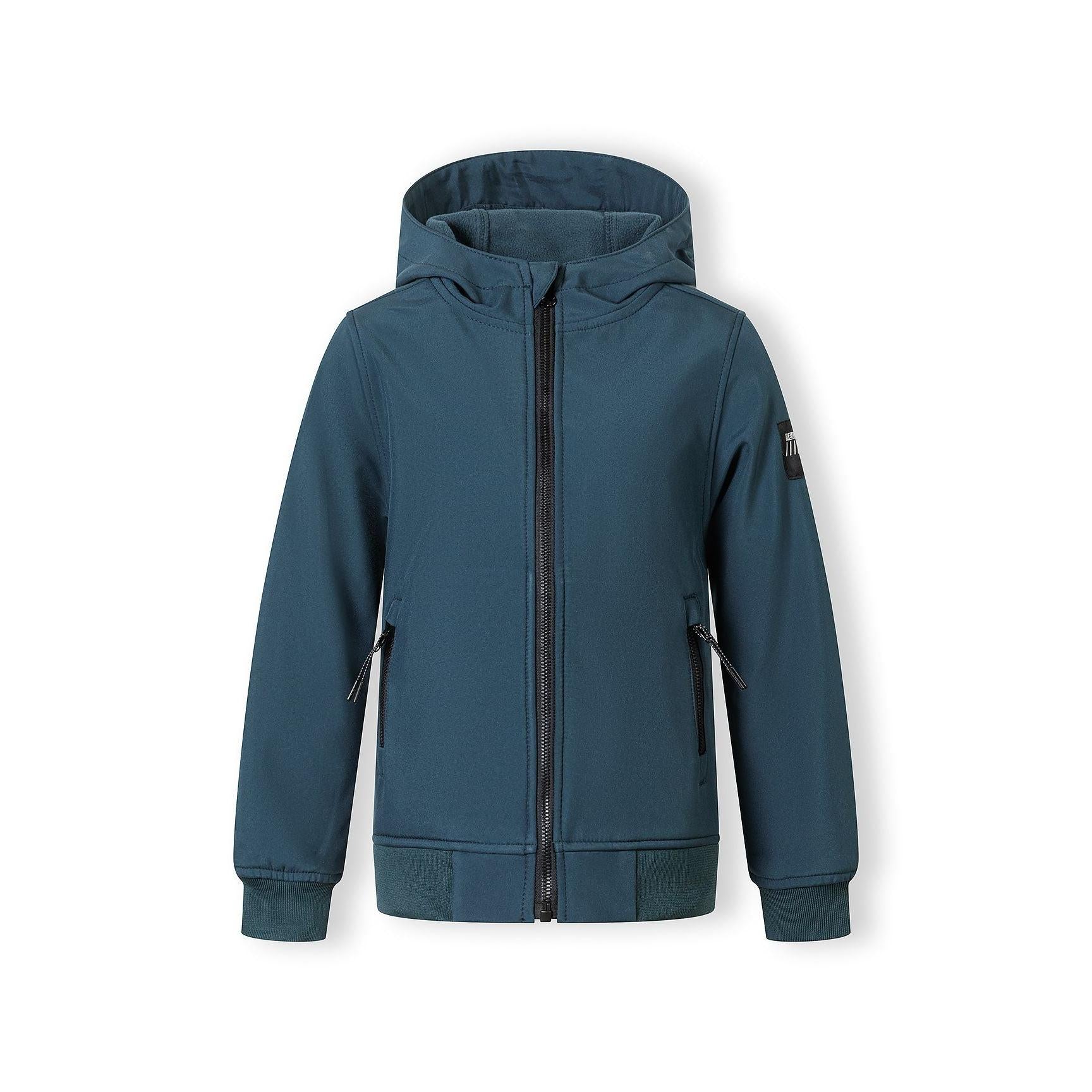 Back view of teal softshell jacket showing hood detail and ribbed hem construction against white background