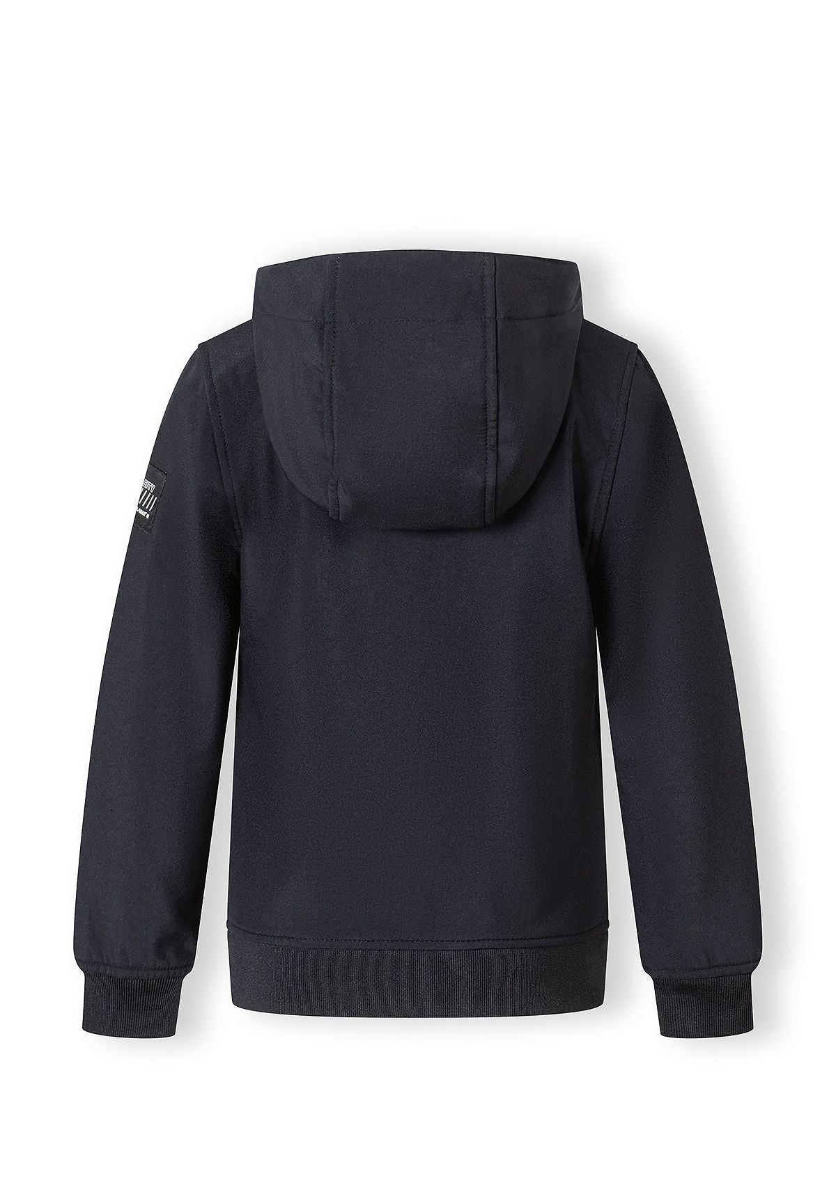 Boys black softshell jacket, back view with adjustable hood and long sleeves.