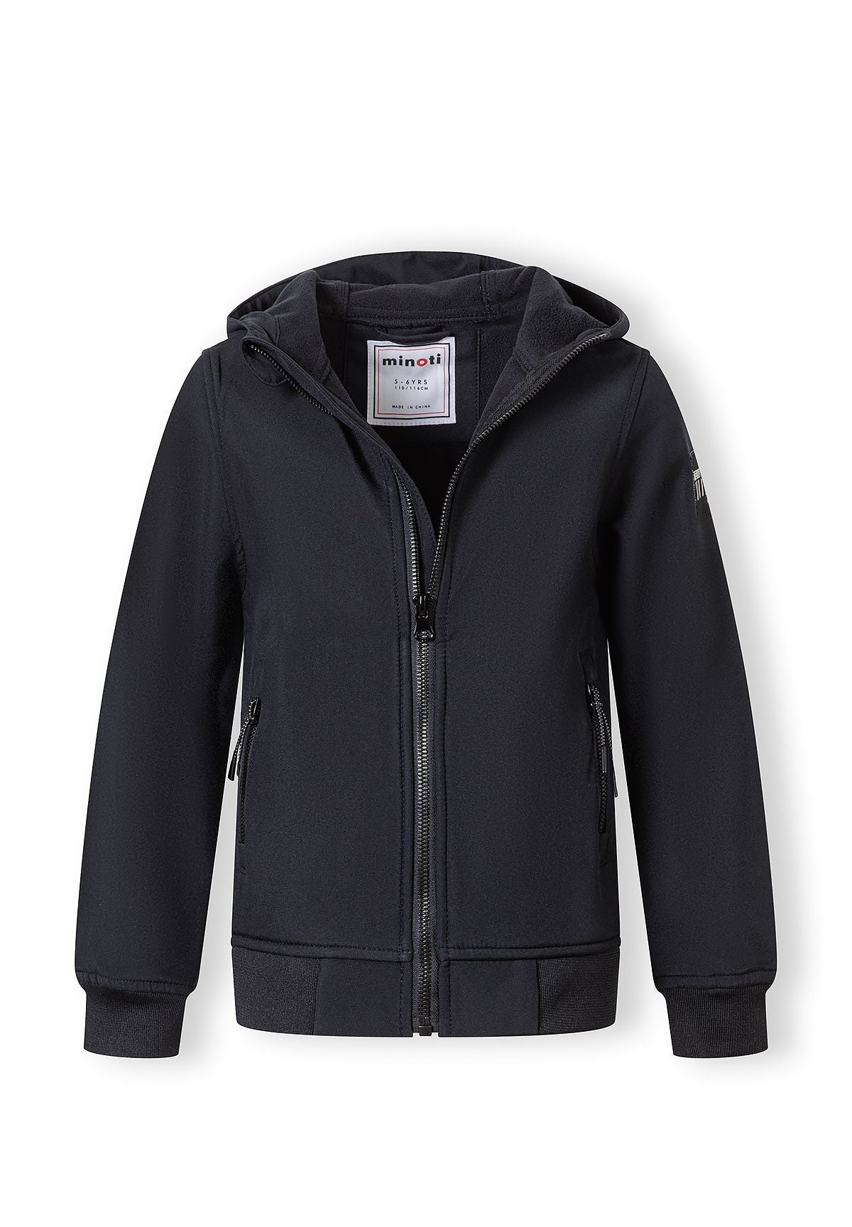Boys black softshell jacket, front view, features adjustable hood and zippered pockets.