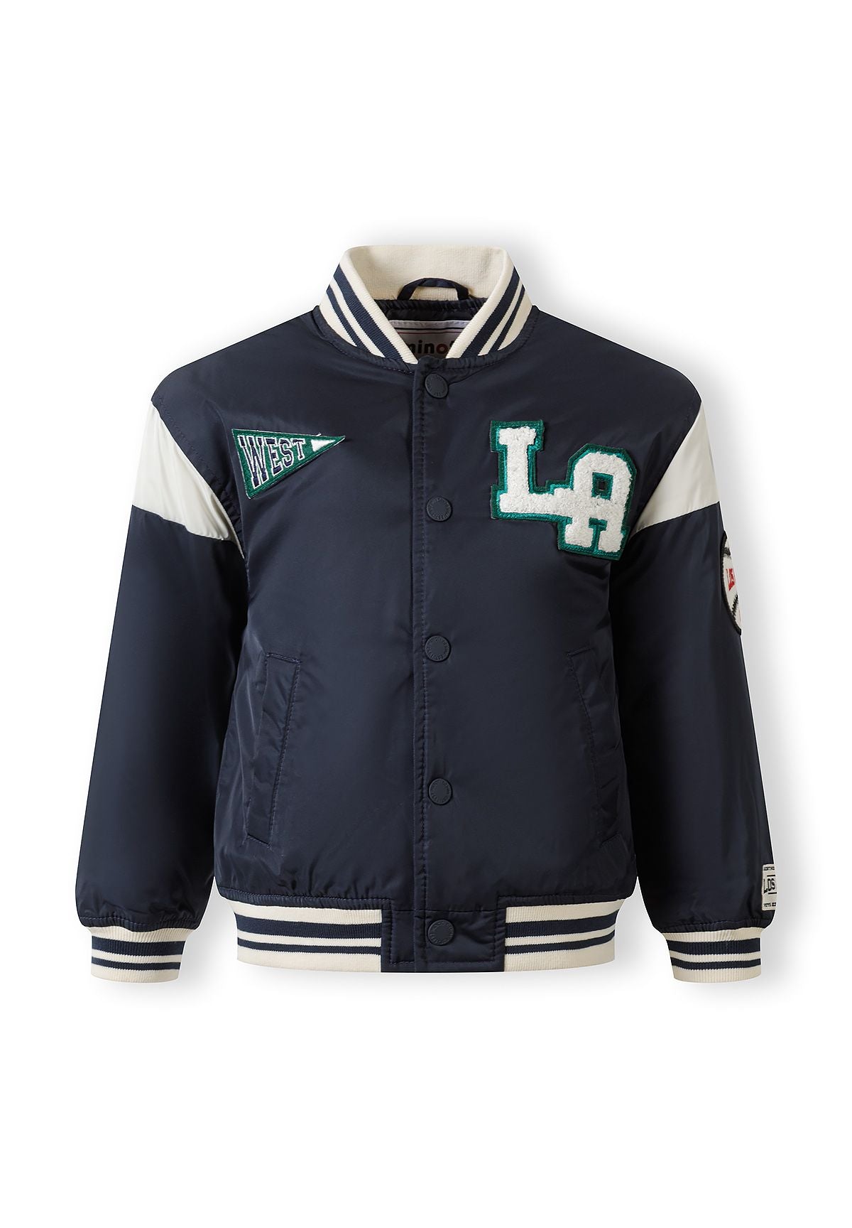 Boys navy padded varsity bomber jacket, front view with logo patches and snap fasteners.