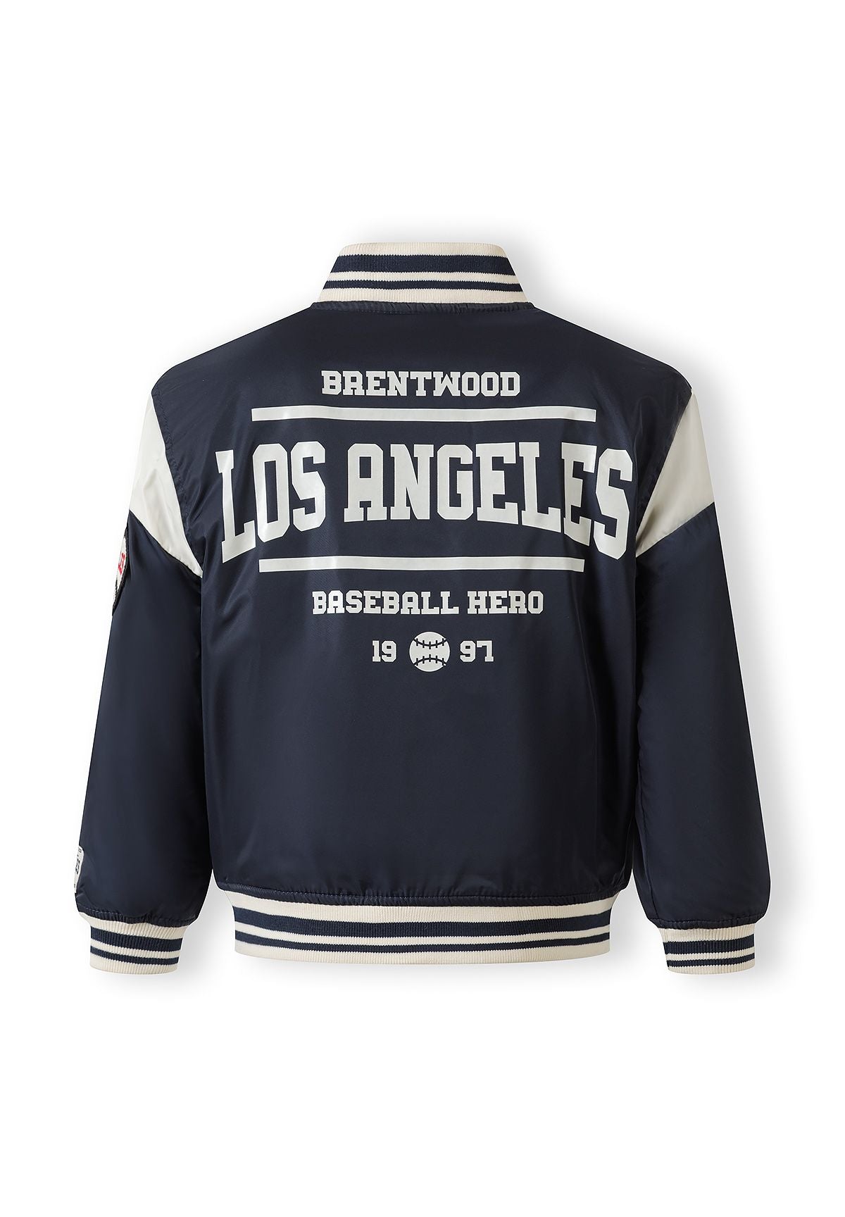 Boys navy varsity bomber jacket, back view with logo and striped cuffs.