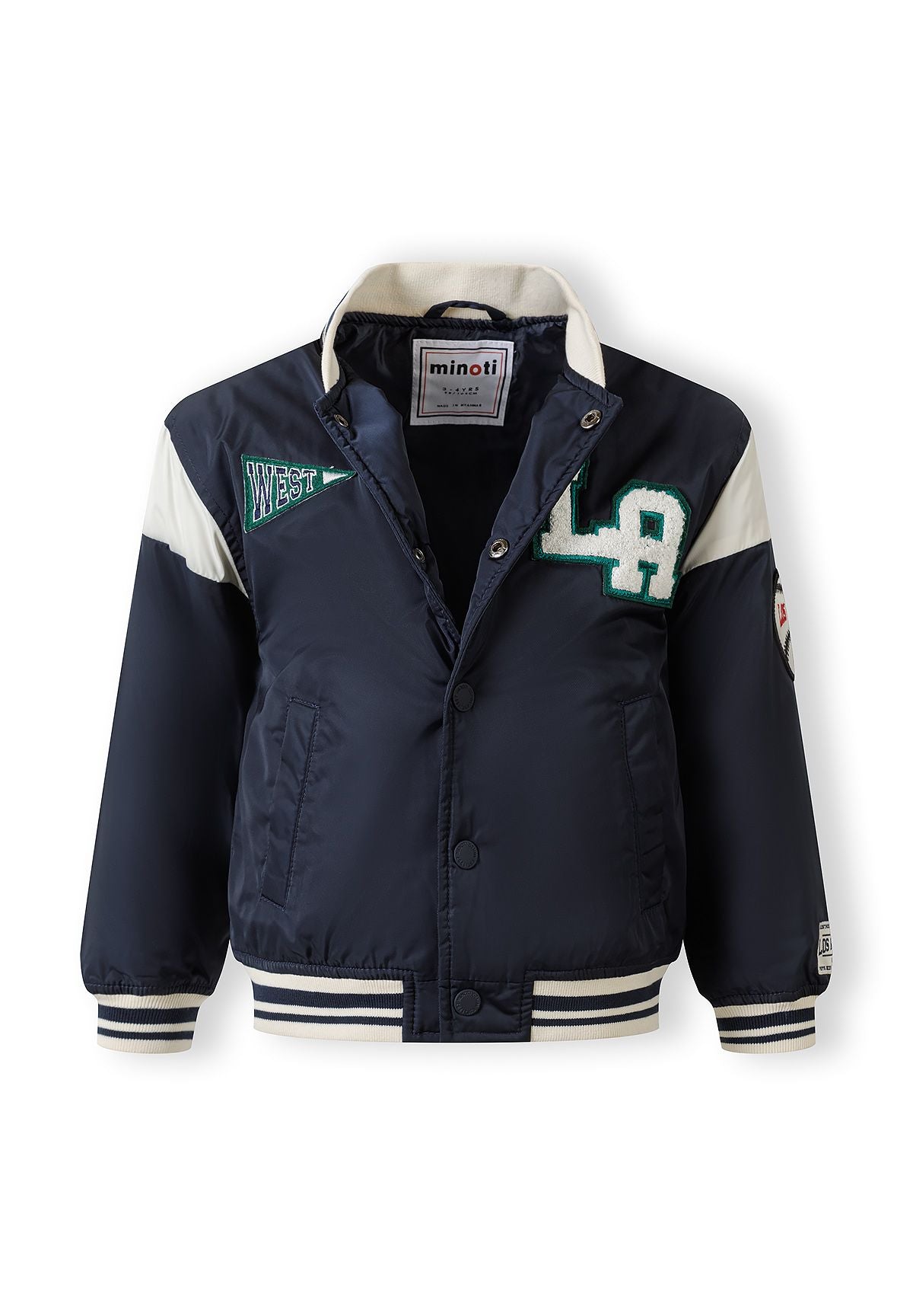 Boys navy padded varsity bomber jacket, front view with snap fasteners and two side pockets.