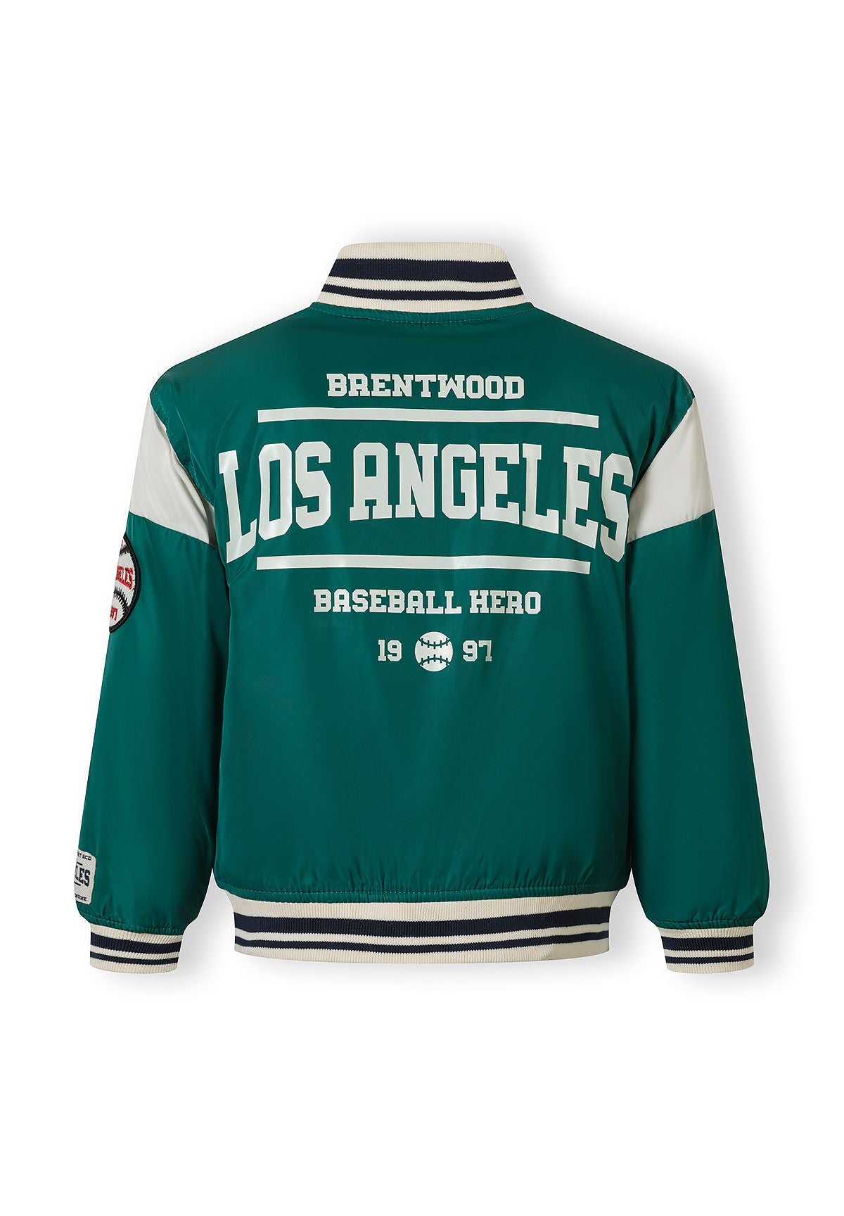 Boys varsity bomber jacket in green with embroidered details, back view.