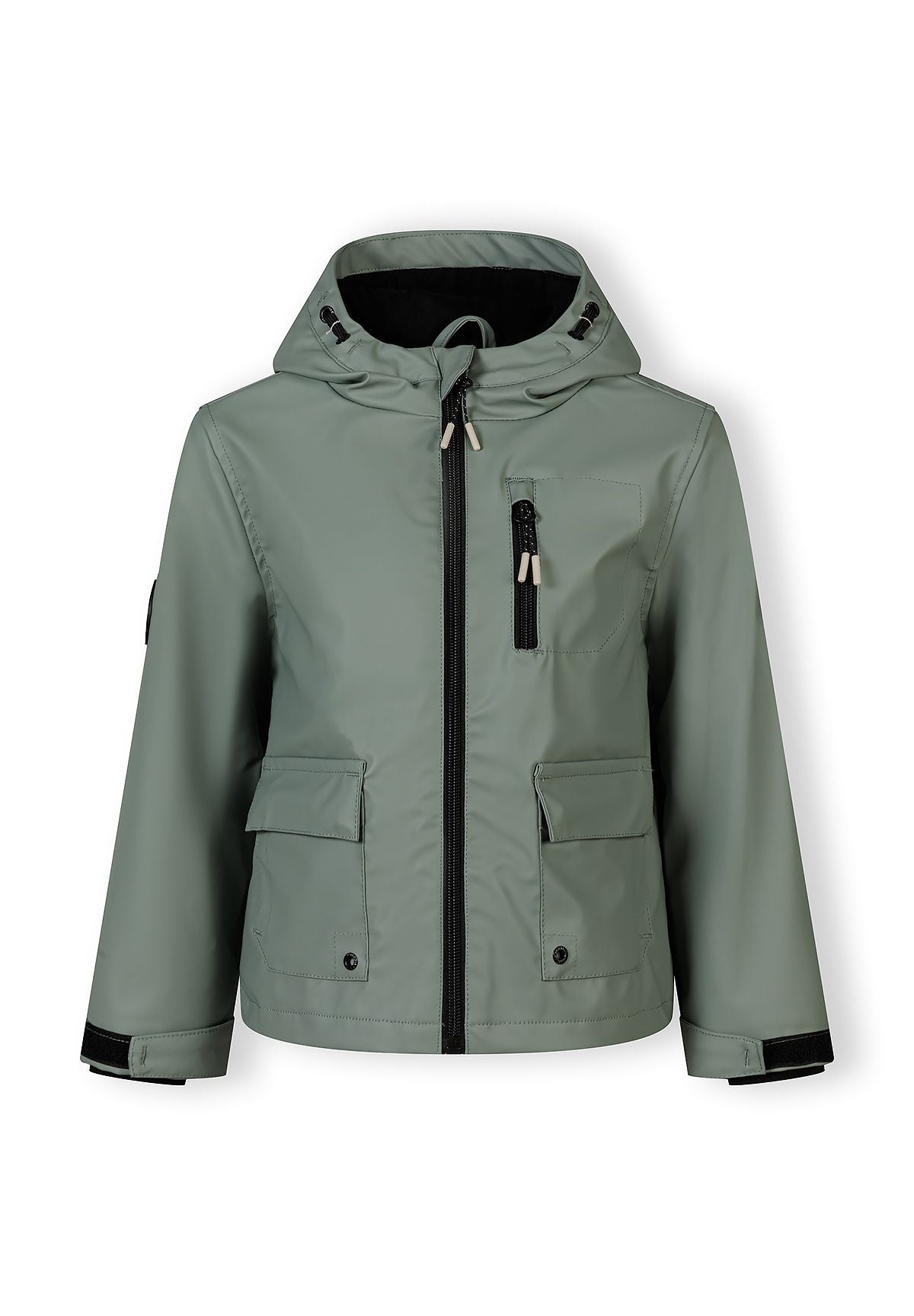 Boys waterproof teal parka with adjustable hood, front view, features zipped chest pocket and elasticated cuffs.