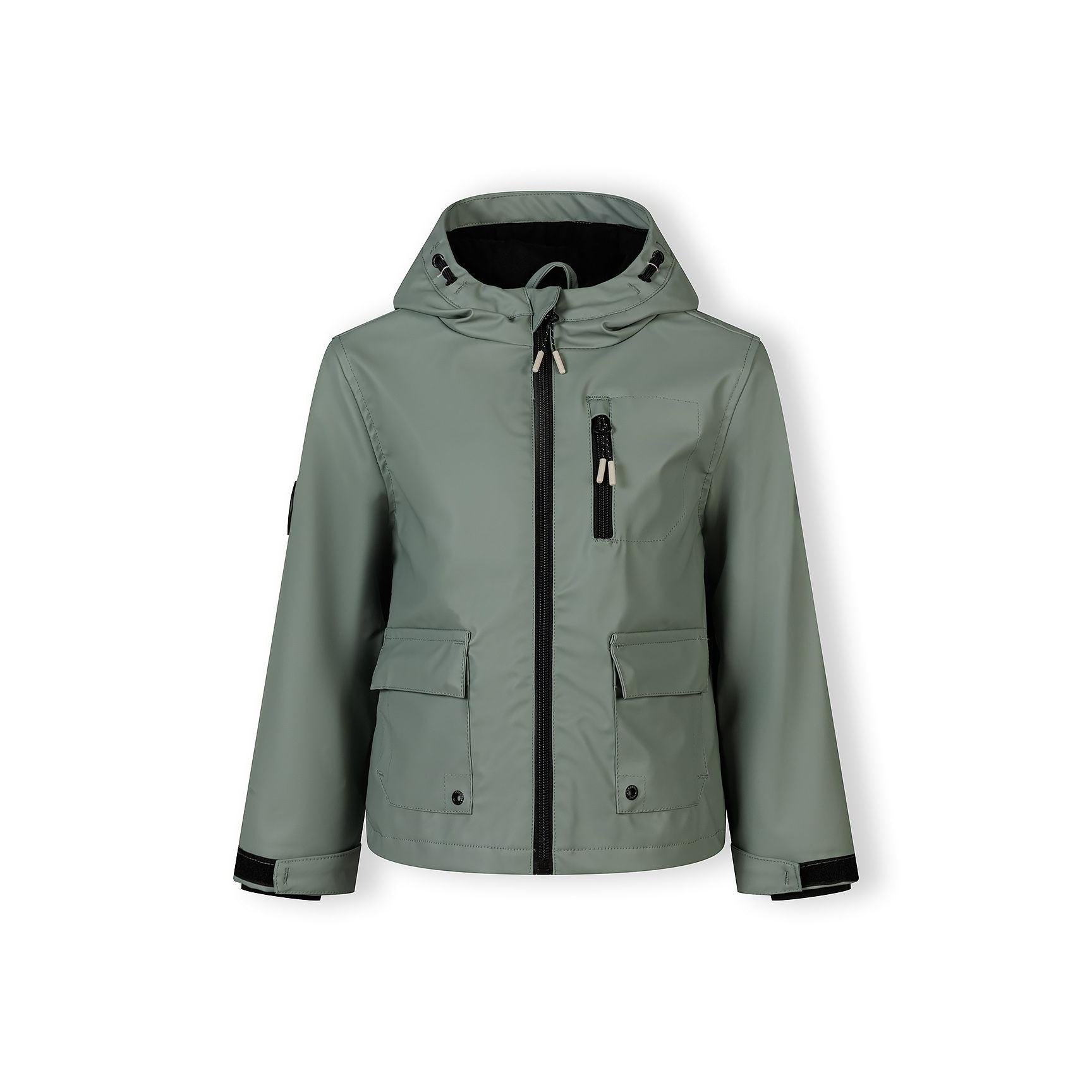 Sage green hooded parka jacket laid flat showing front zip, chest pocket, and adjustable hood details on white background