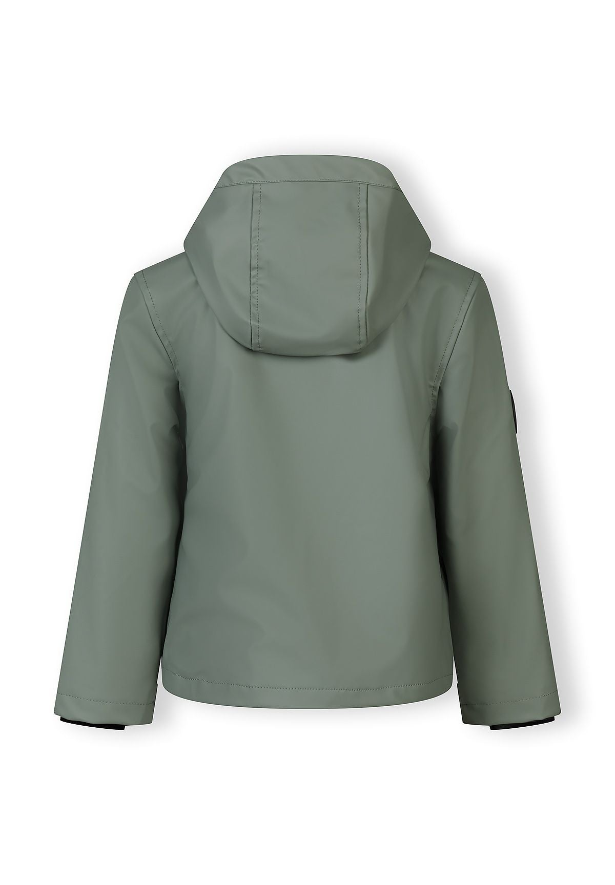 Boys waterproof teal parka, back view with adjustable hood.