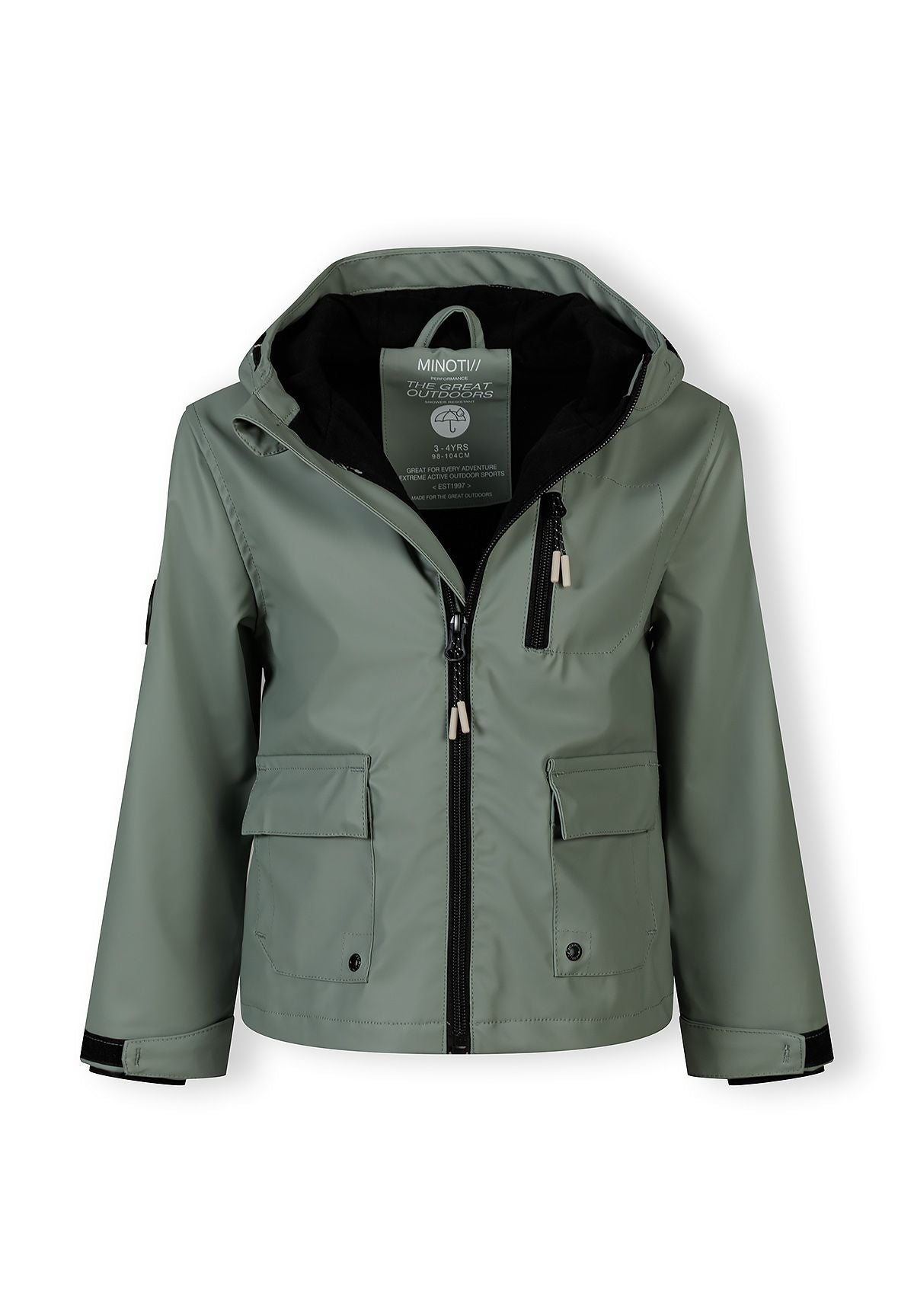 Boys waterproof teal parka with adjustable hood, front view, featuring a full-length zip and two front pockets.